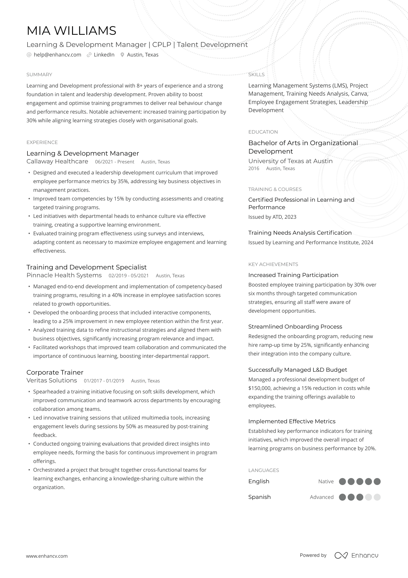 HR Training and Development Manager Resume Example