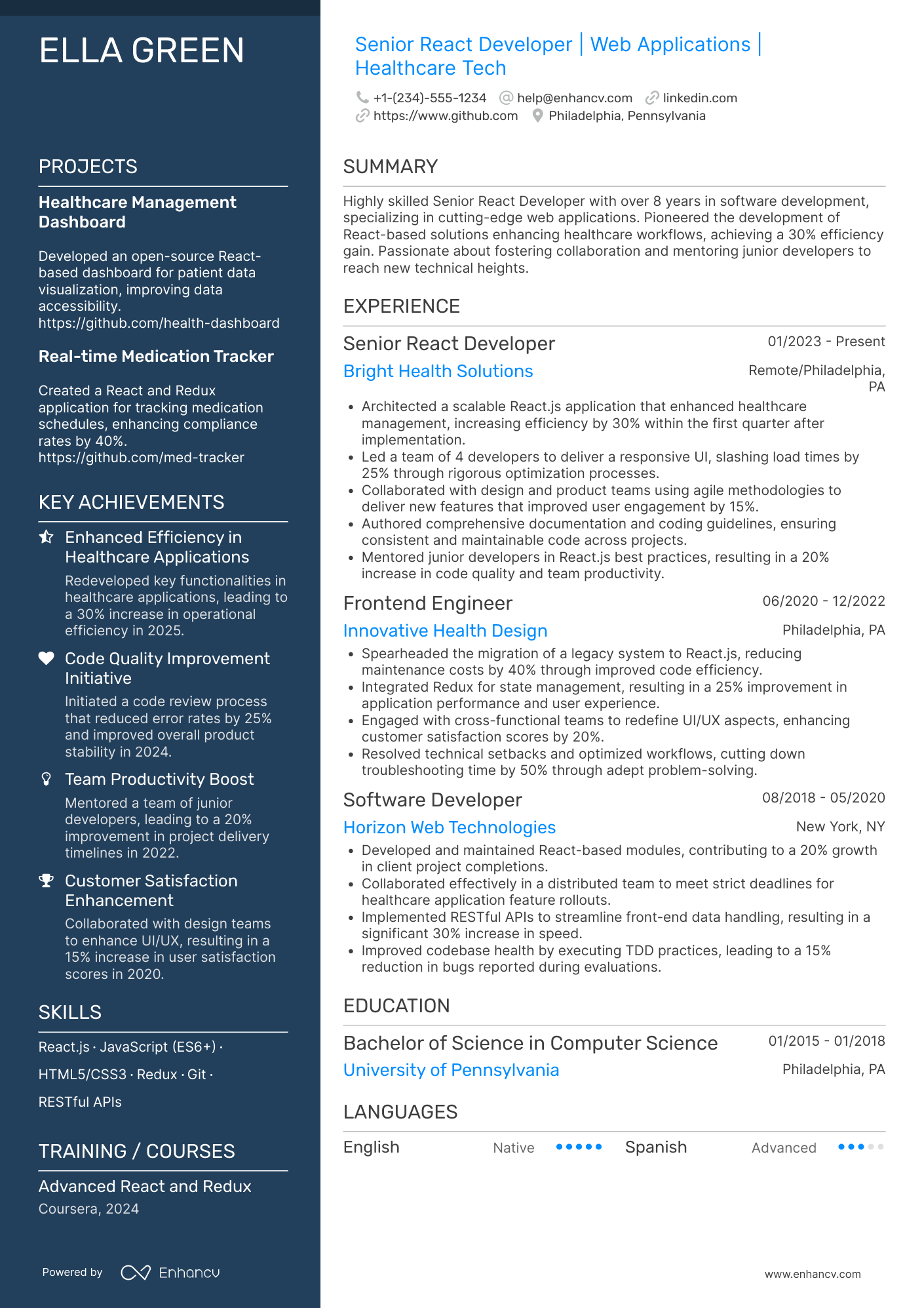 Senior React Developer Resume Example