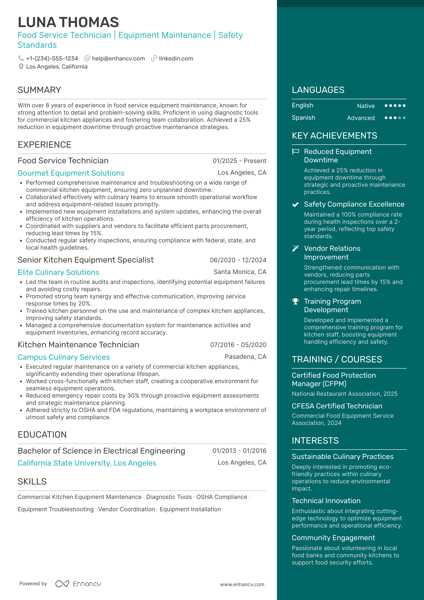 Food Service Technician Resume Example