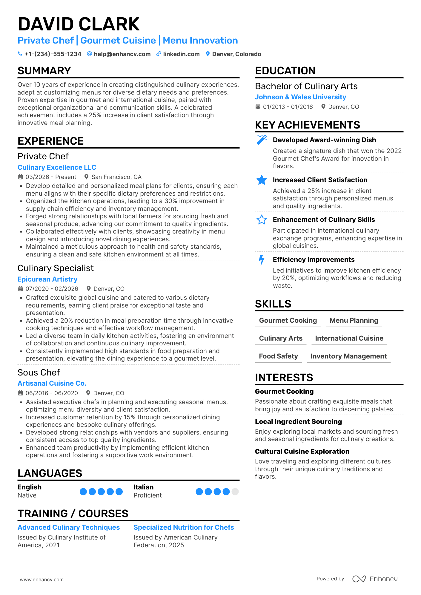 Private Chef Resume Example