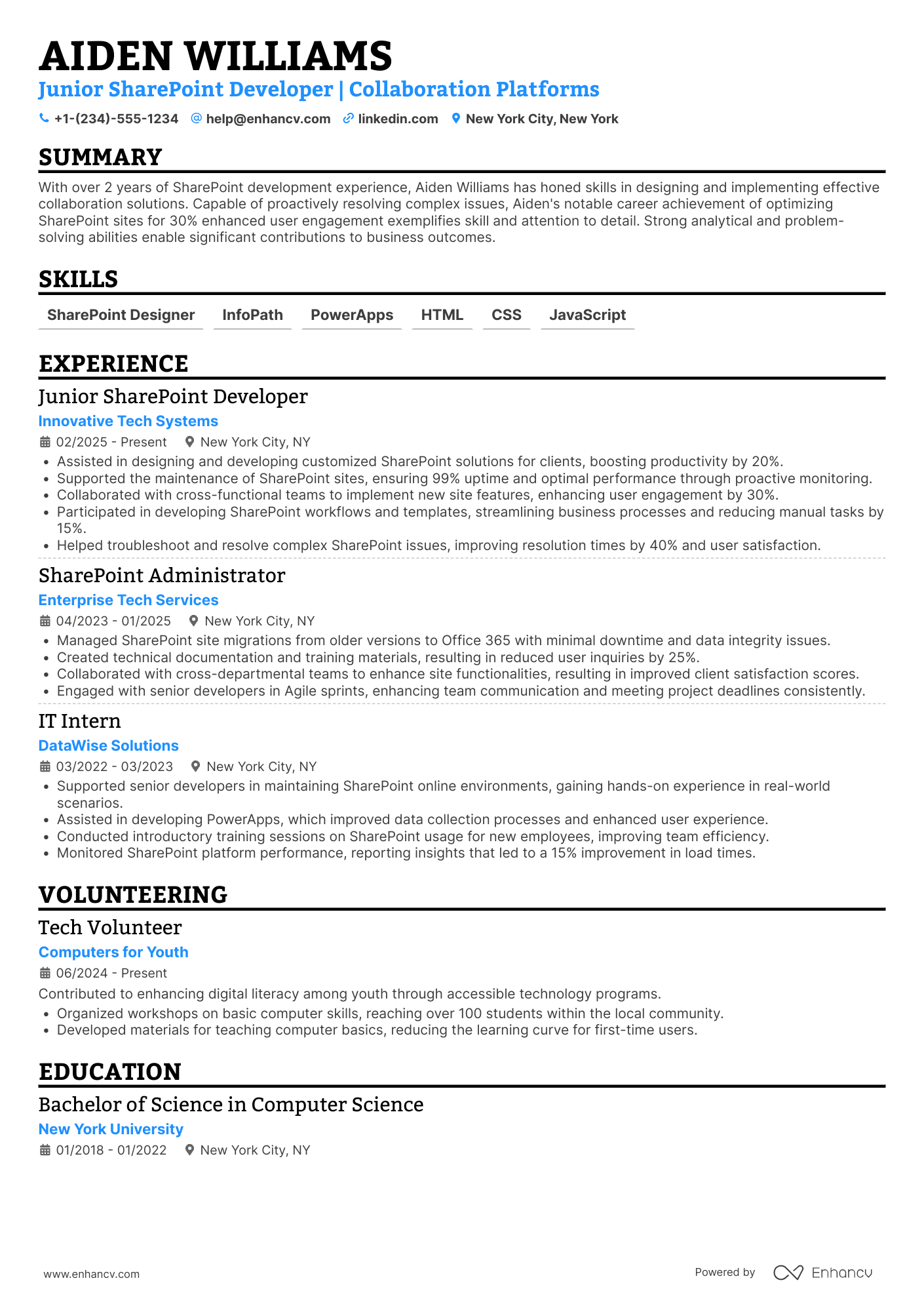 Junior SharePoint Developer Resume Example