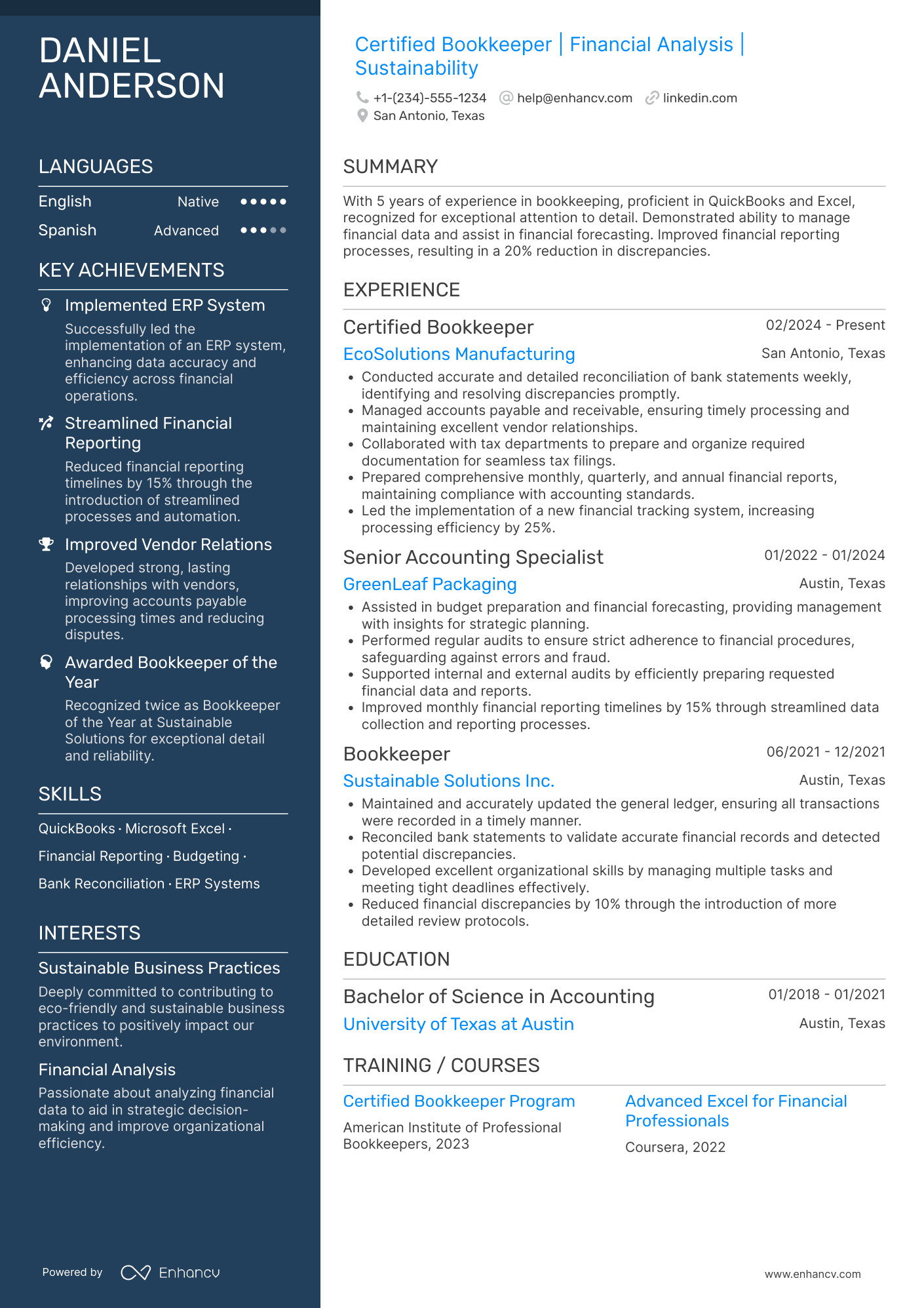 Certified Bookkeeper Resume Example