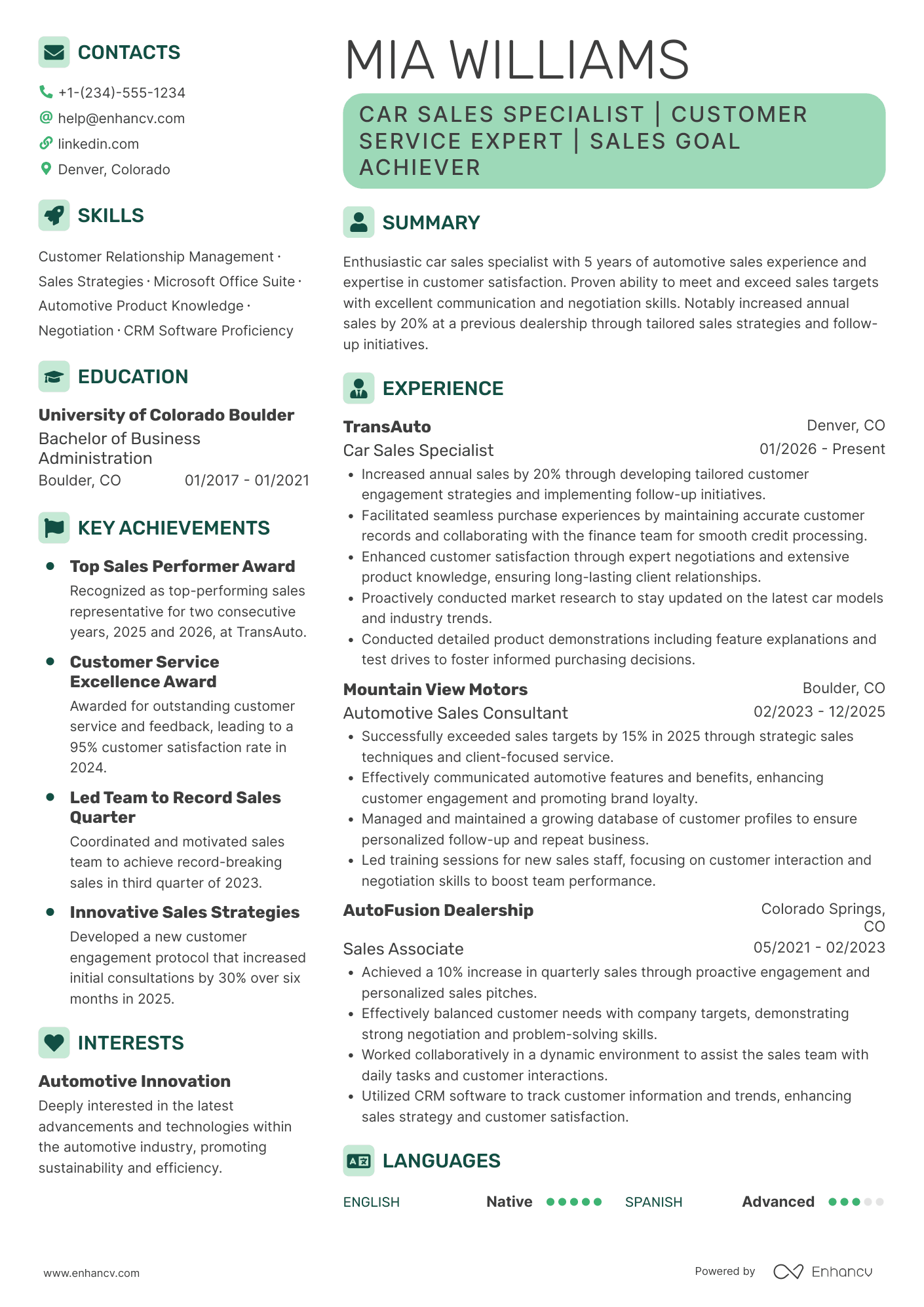 Car Salesman Specialist Resume Example
