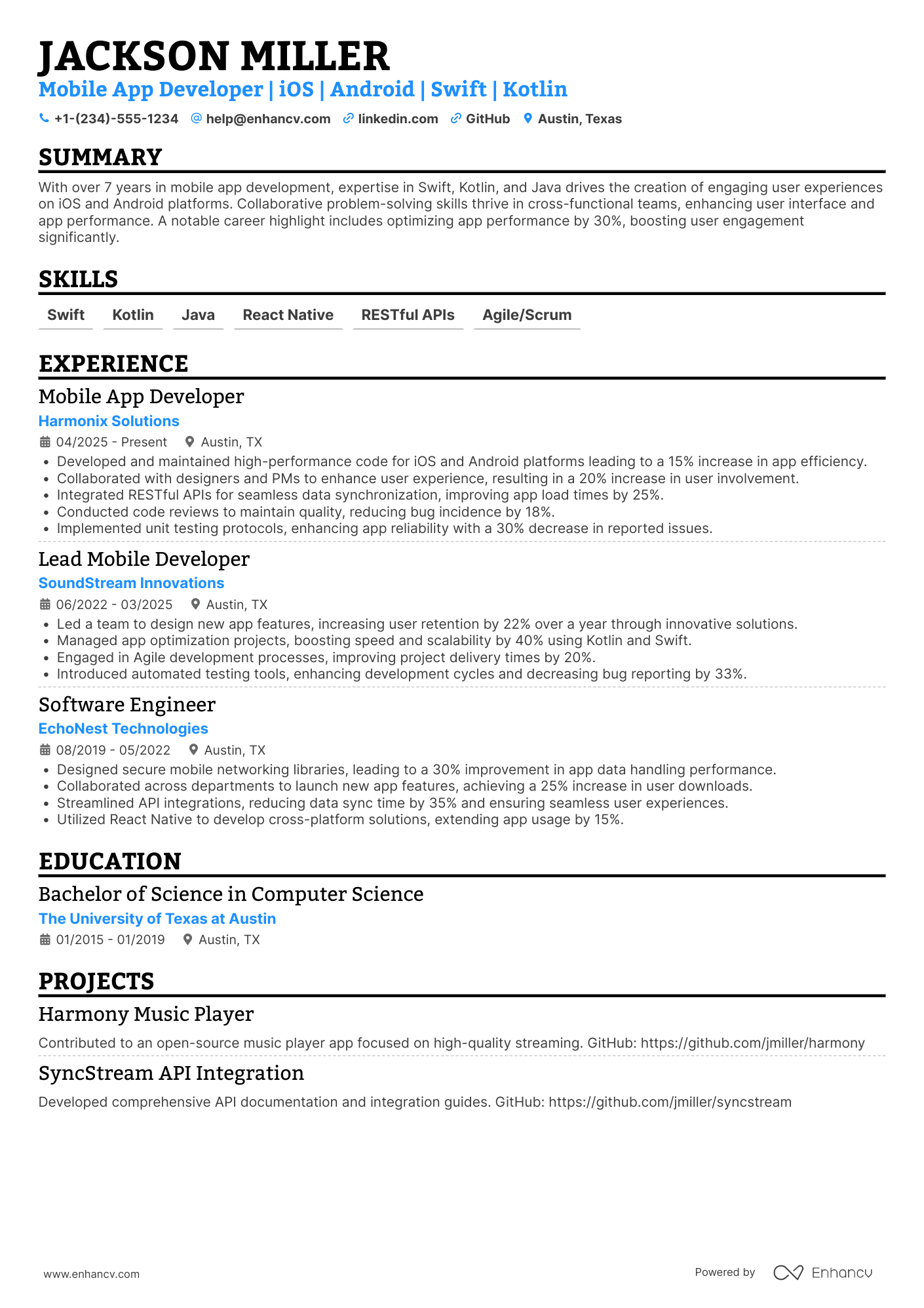 Spotify Mobile App Developer Resume Example