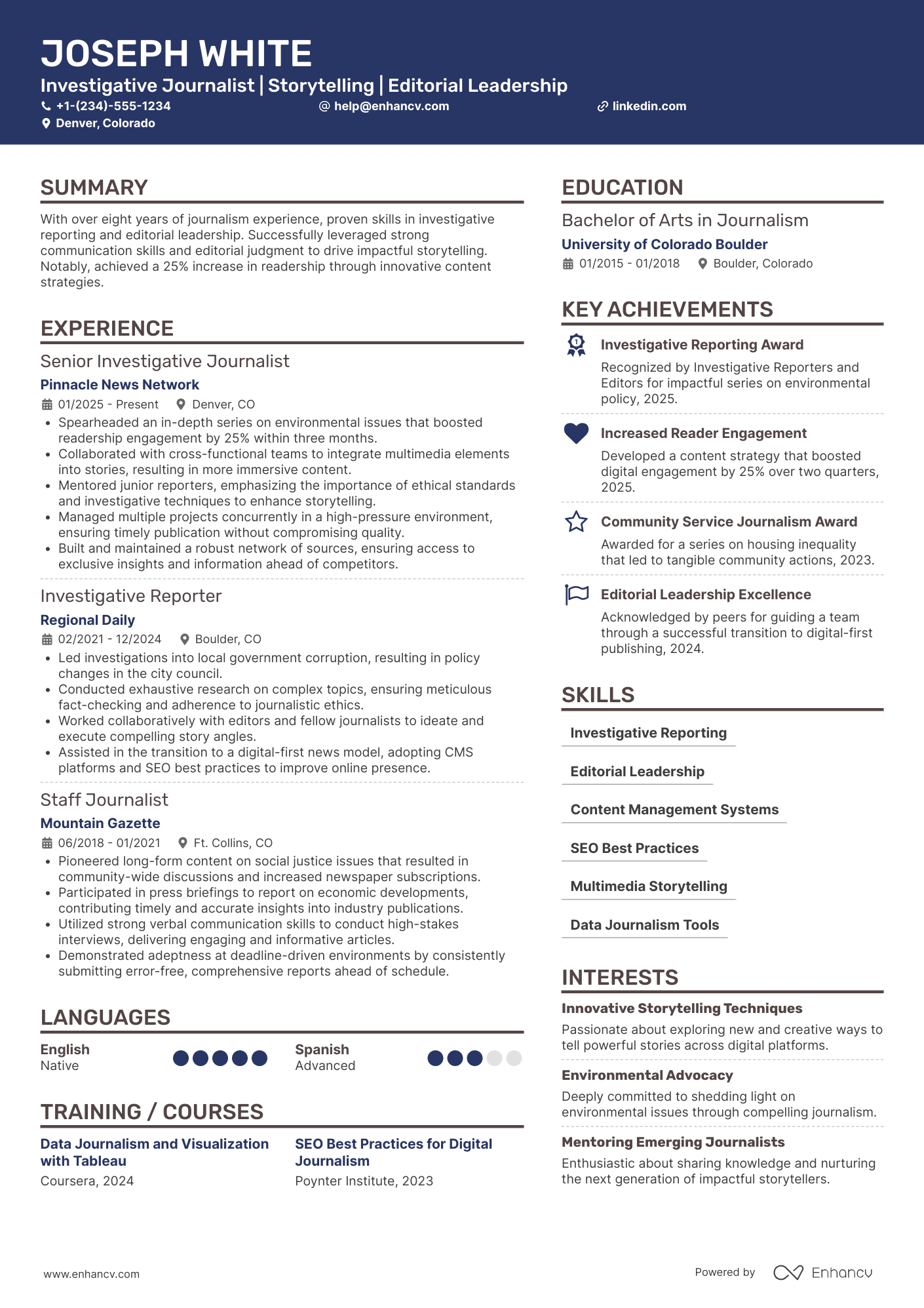 Veteran Journalist Resume Example