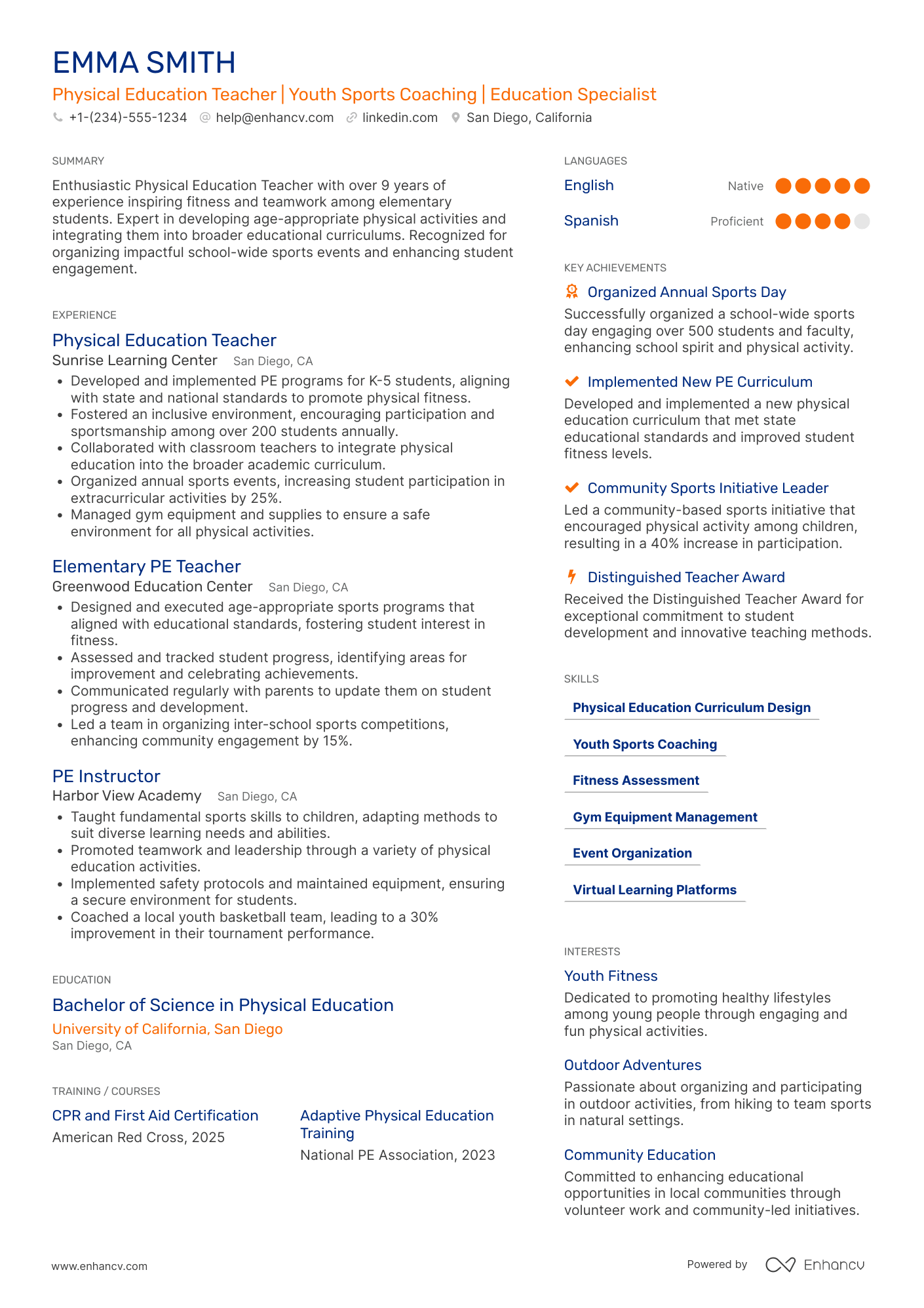 Elementary Physical Education Teacher Resume Example