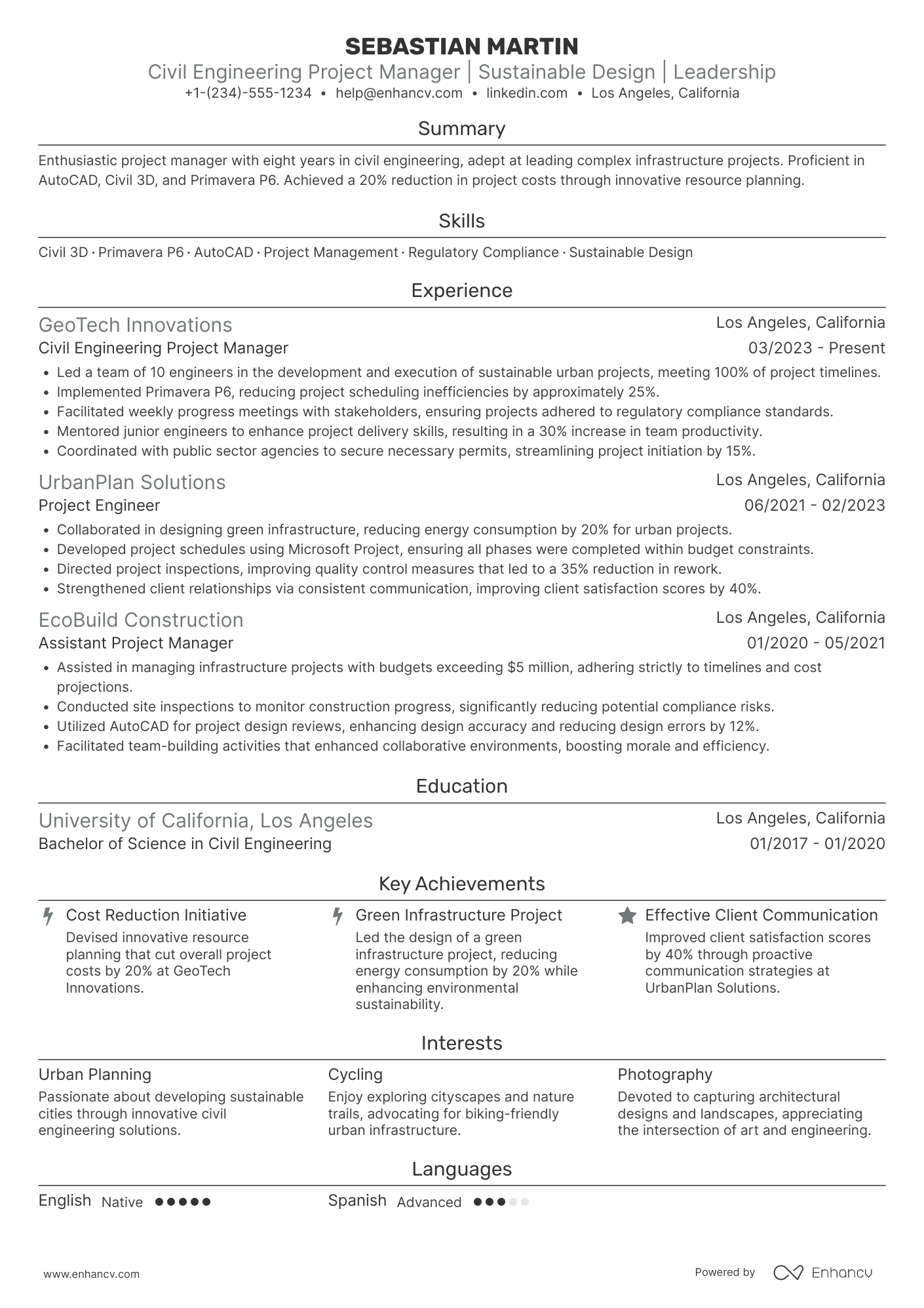 Civil Engineering Project Manager Resume Example