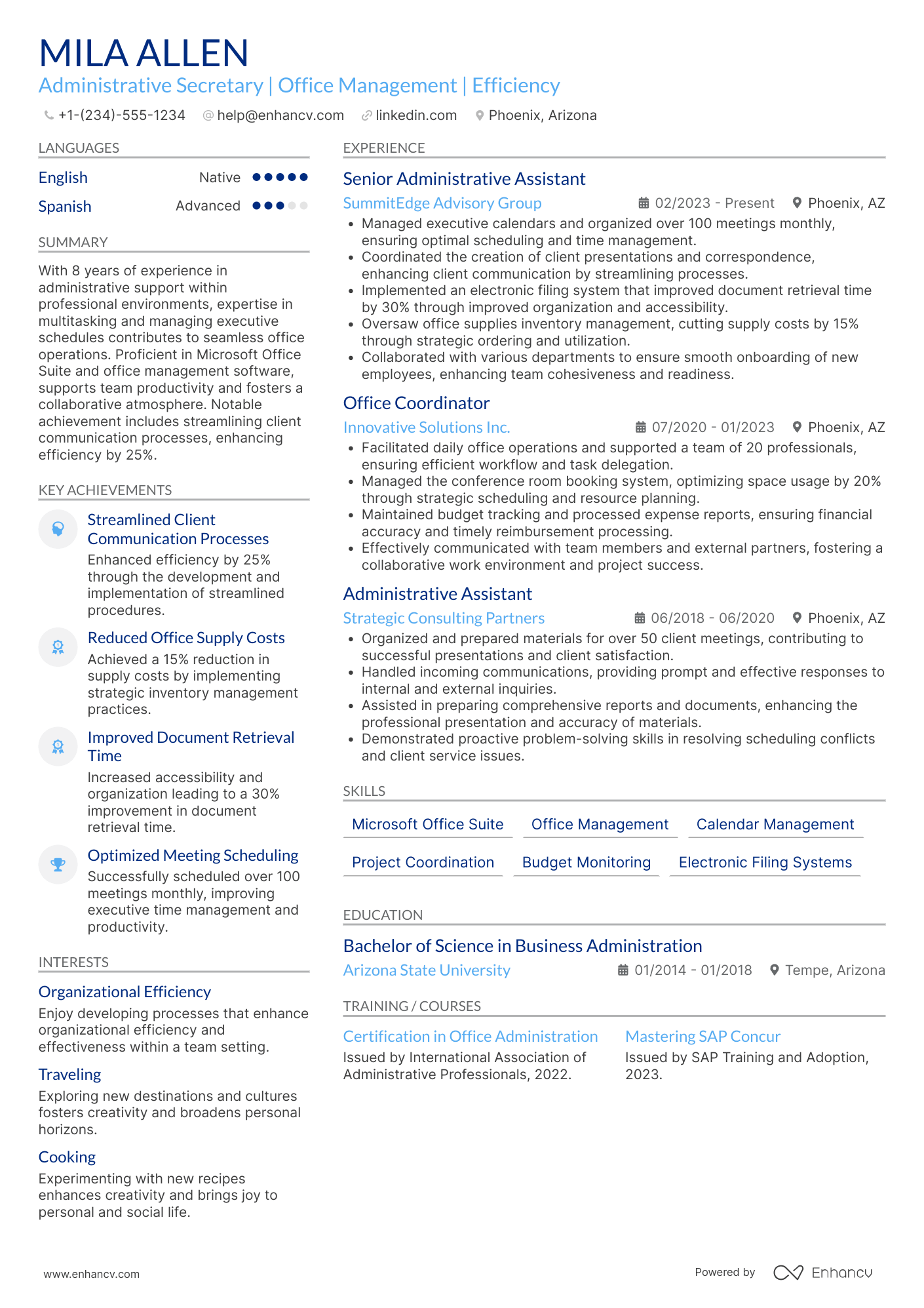 Administrative Secretary Resume Example