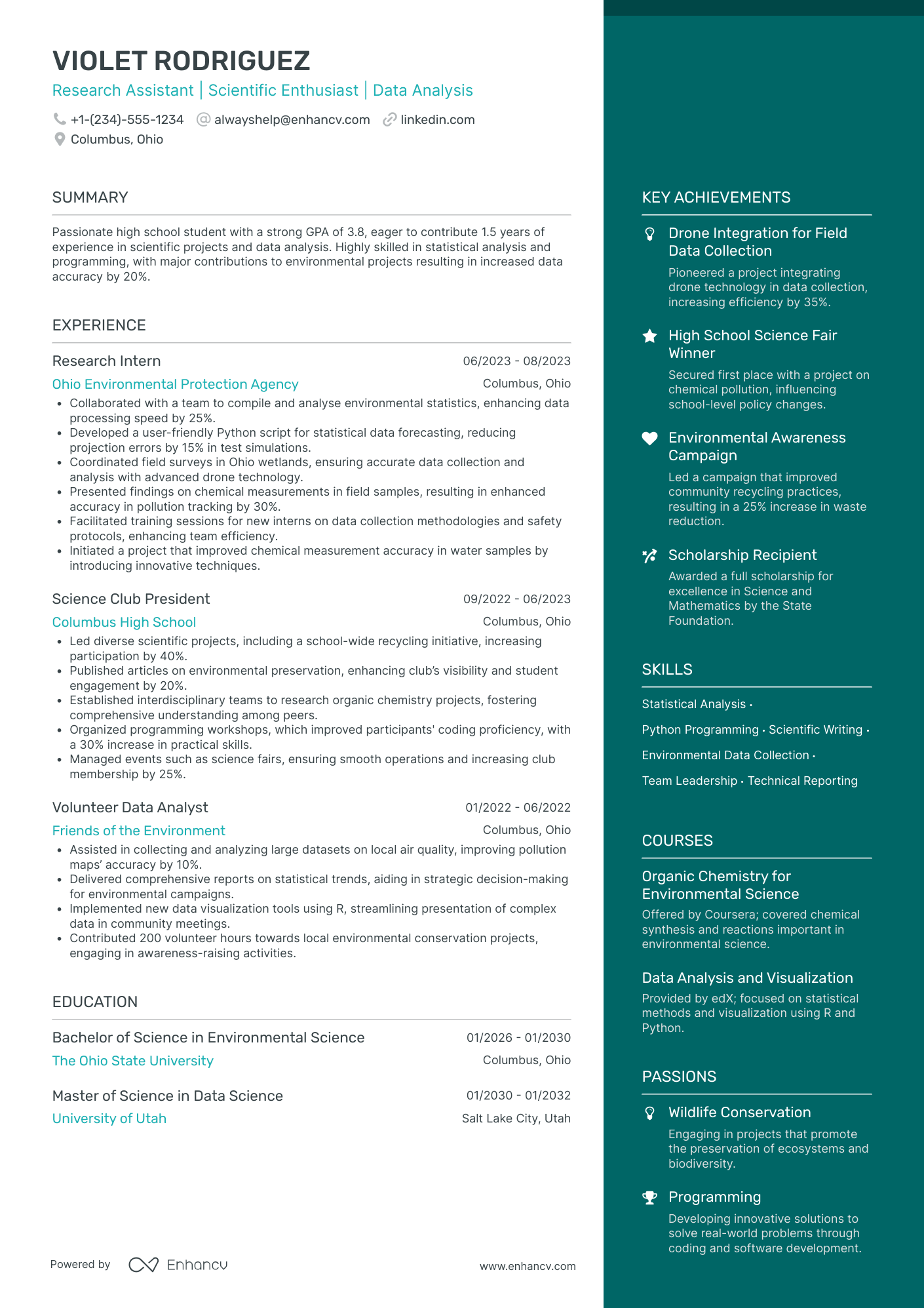 High School Student Research Assistant Resume Example
