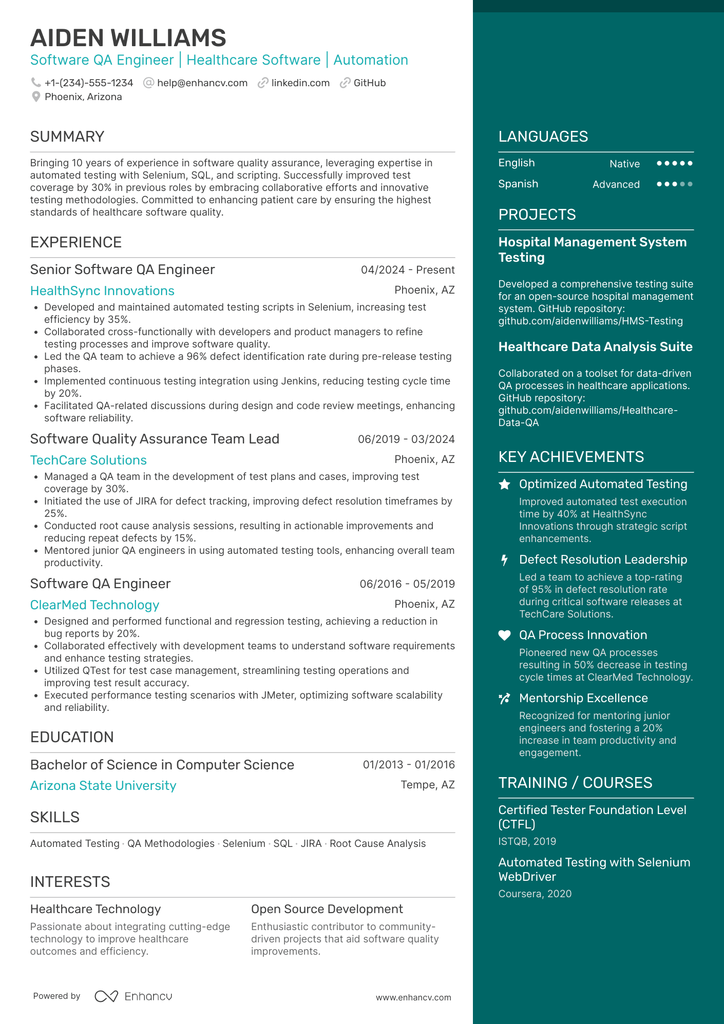 Software QA Engineer Resume Example