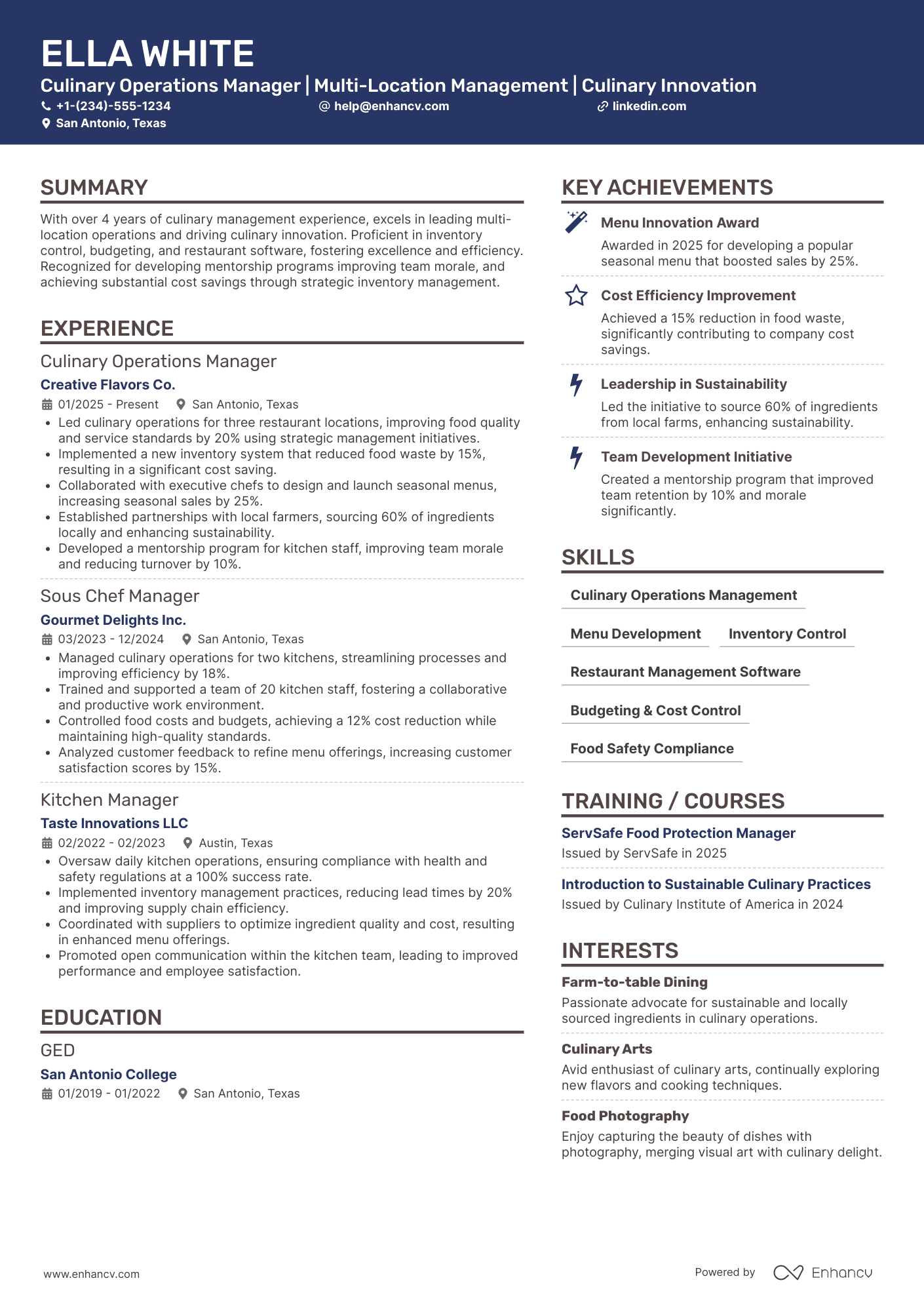 Culinary Operations Manager Resume Example