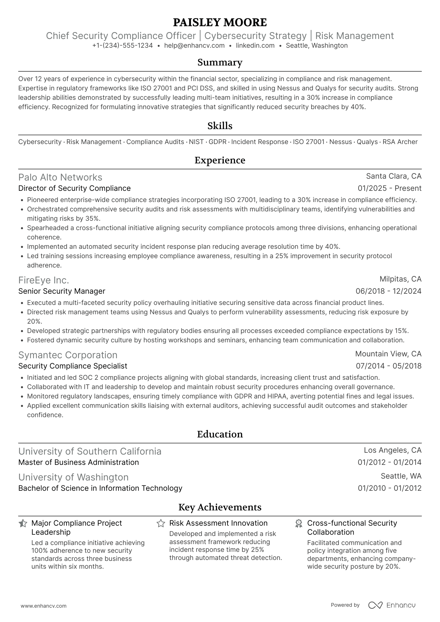 Chief Security Compliance Officer Resume Example