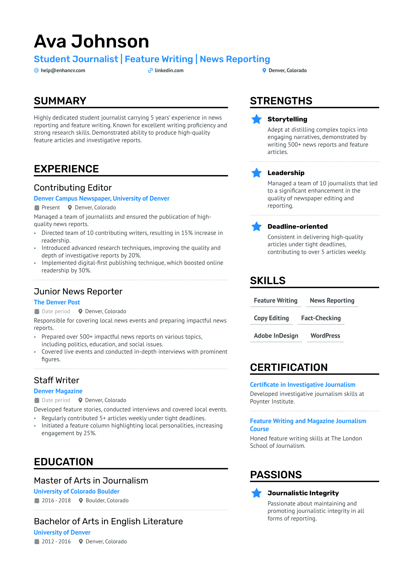 Student Journalist Resume Example