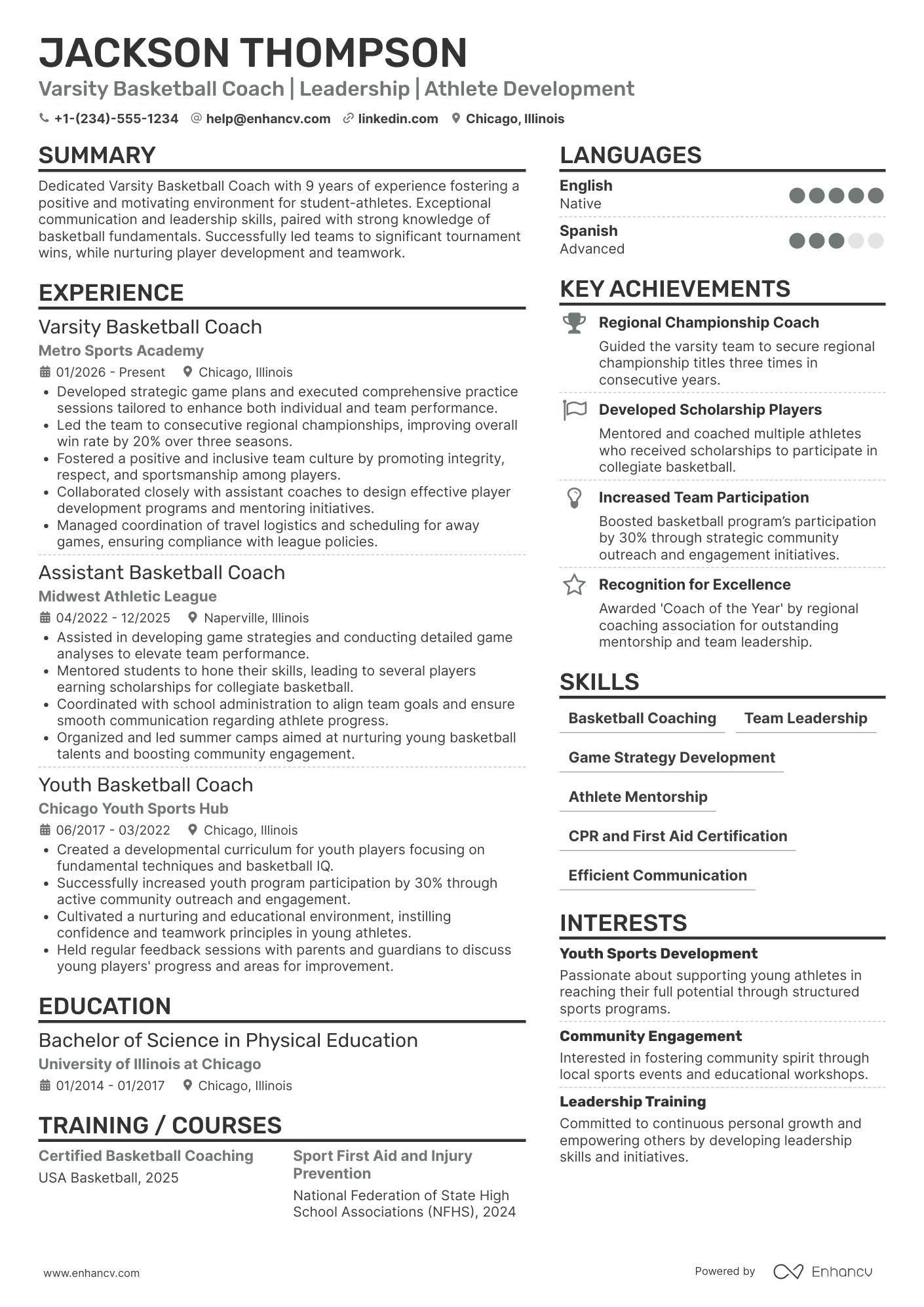 Varsity Basketball Coach Resume Example