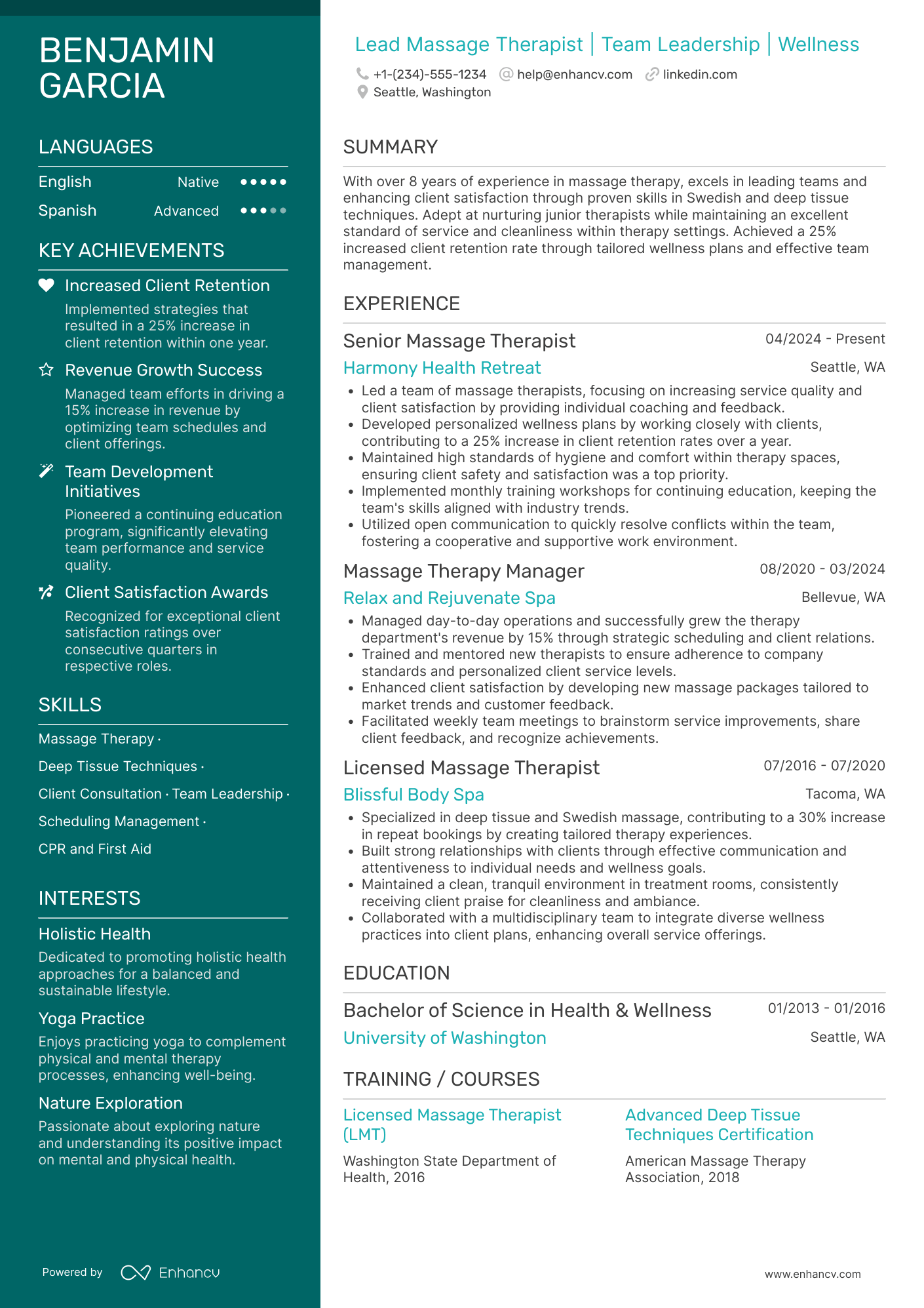 Lead Massage Therapist Resume Example