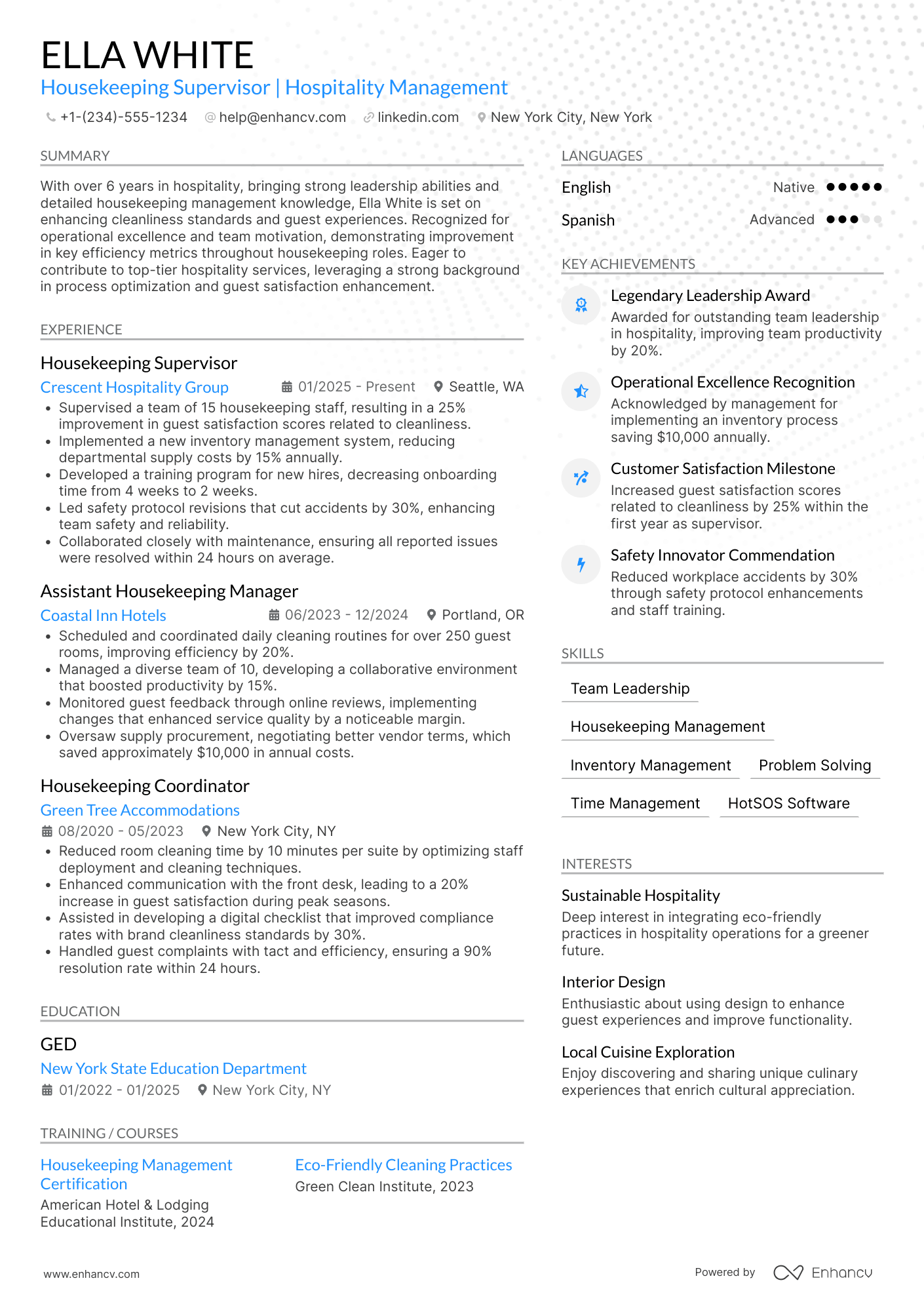Housekeeping Supervisor Resume Example