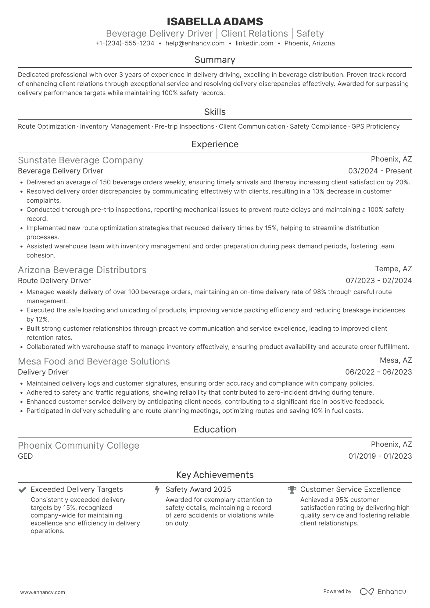 Beverage Delivery Driver Resume Example