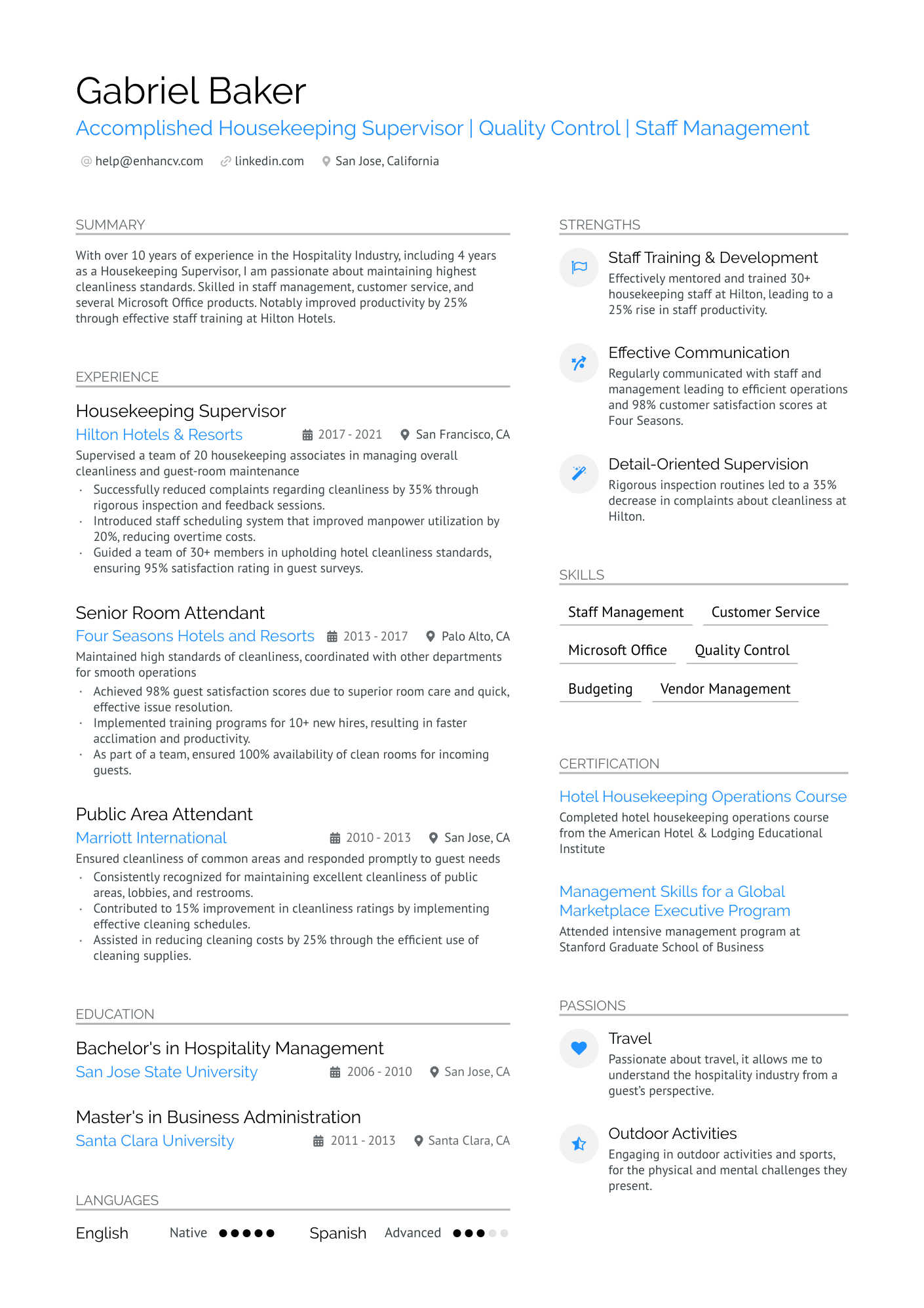 Housekeeping Supervisor Resume Example