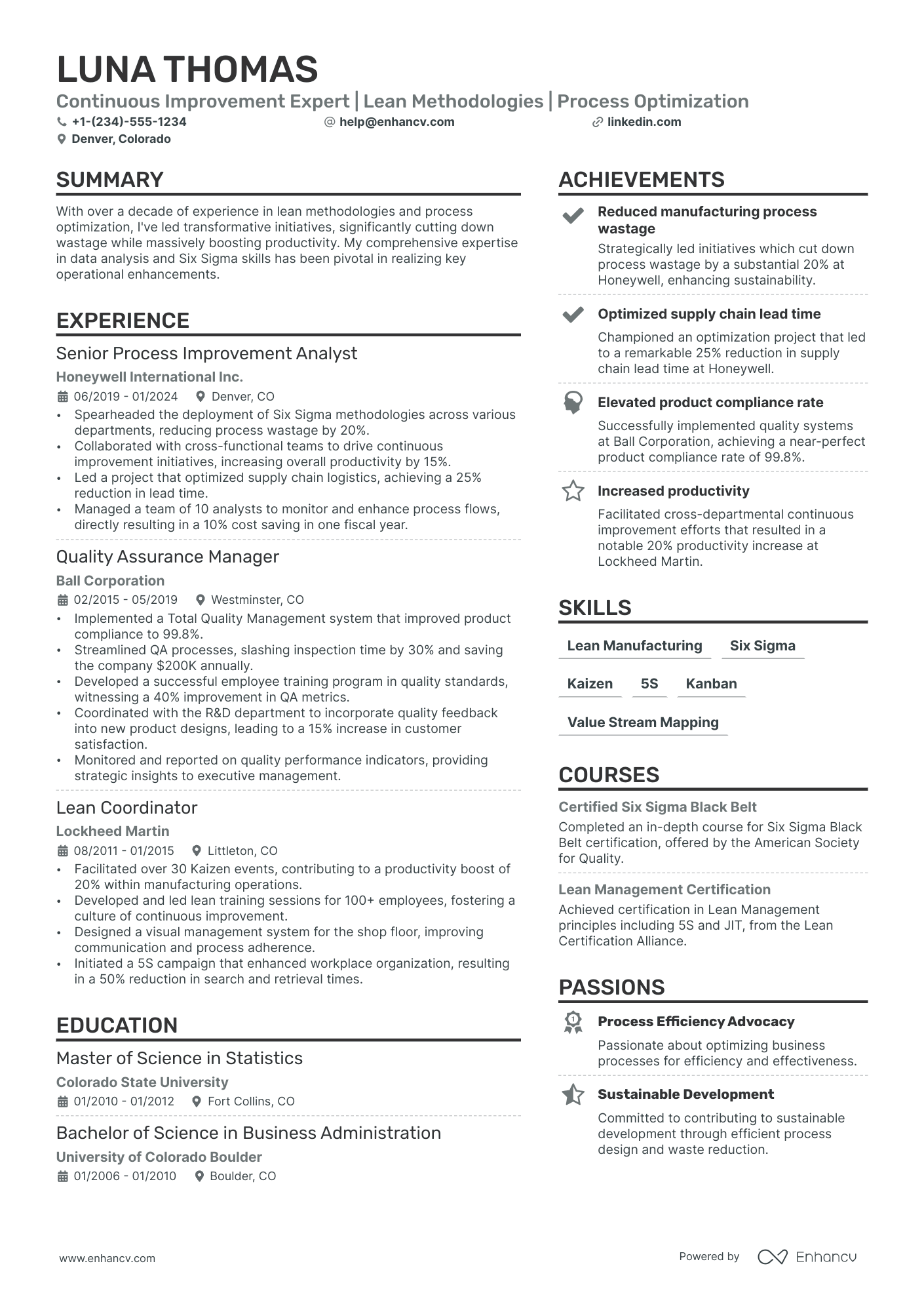 Continuous Improvement Manager Resume Example