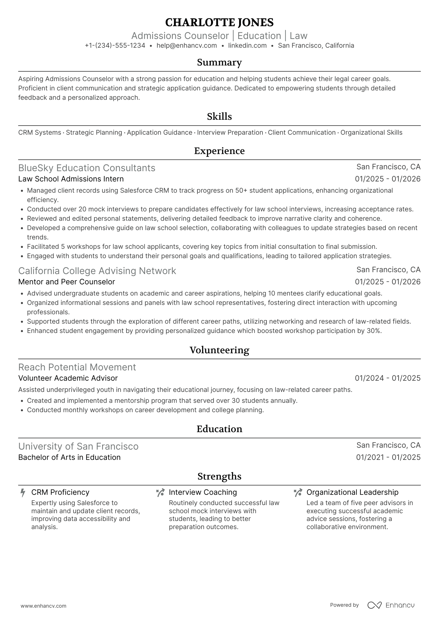 Entry Level Law School Admissions Counselor Resume Example