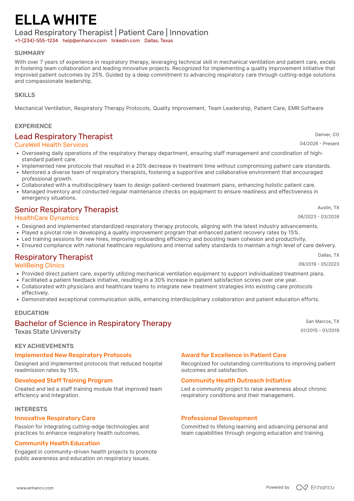 Lead Respiratory Therapist Resume Example