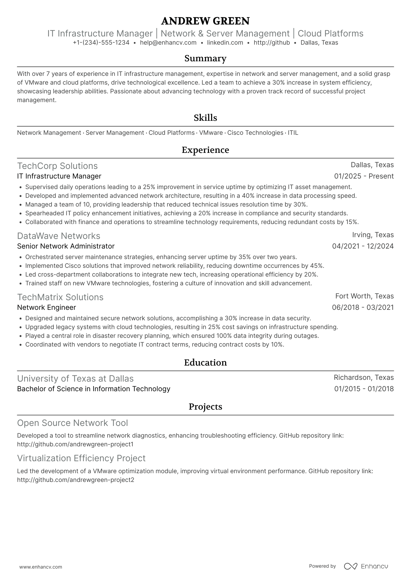 IT Infrastructure Manager Resume Example