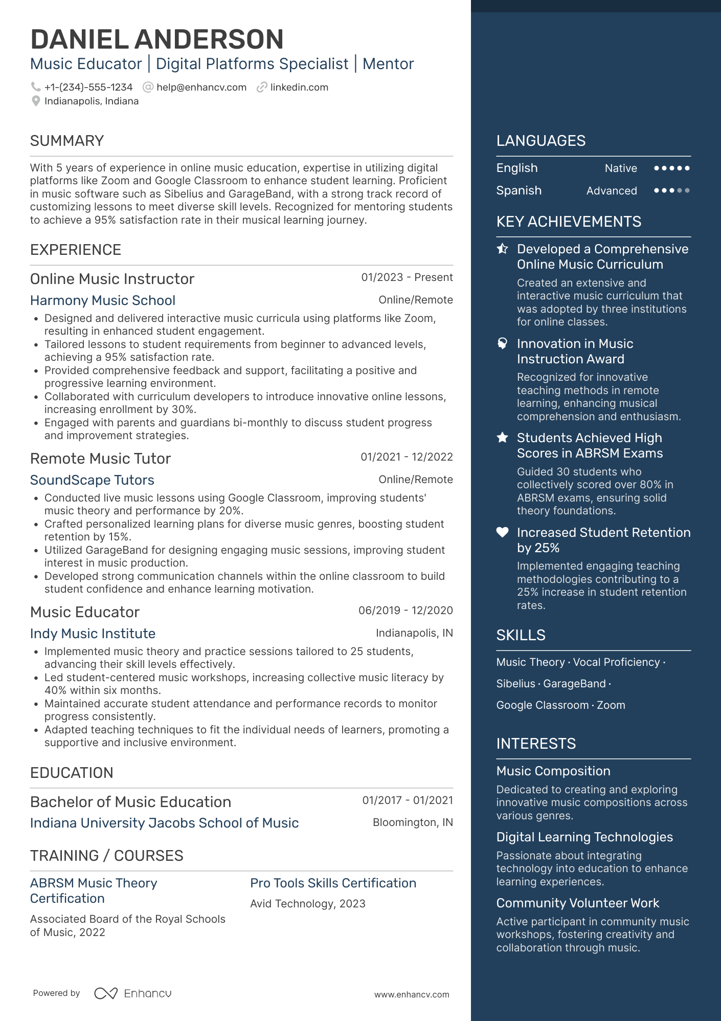 Online Music Teacher Resume Example