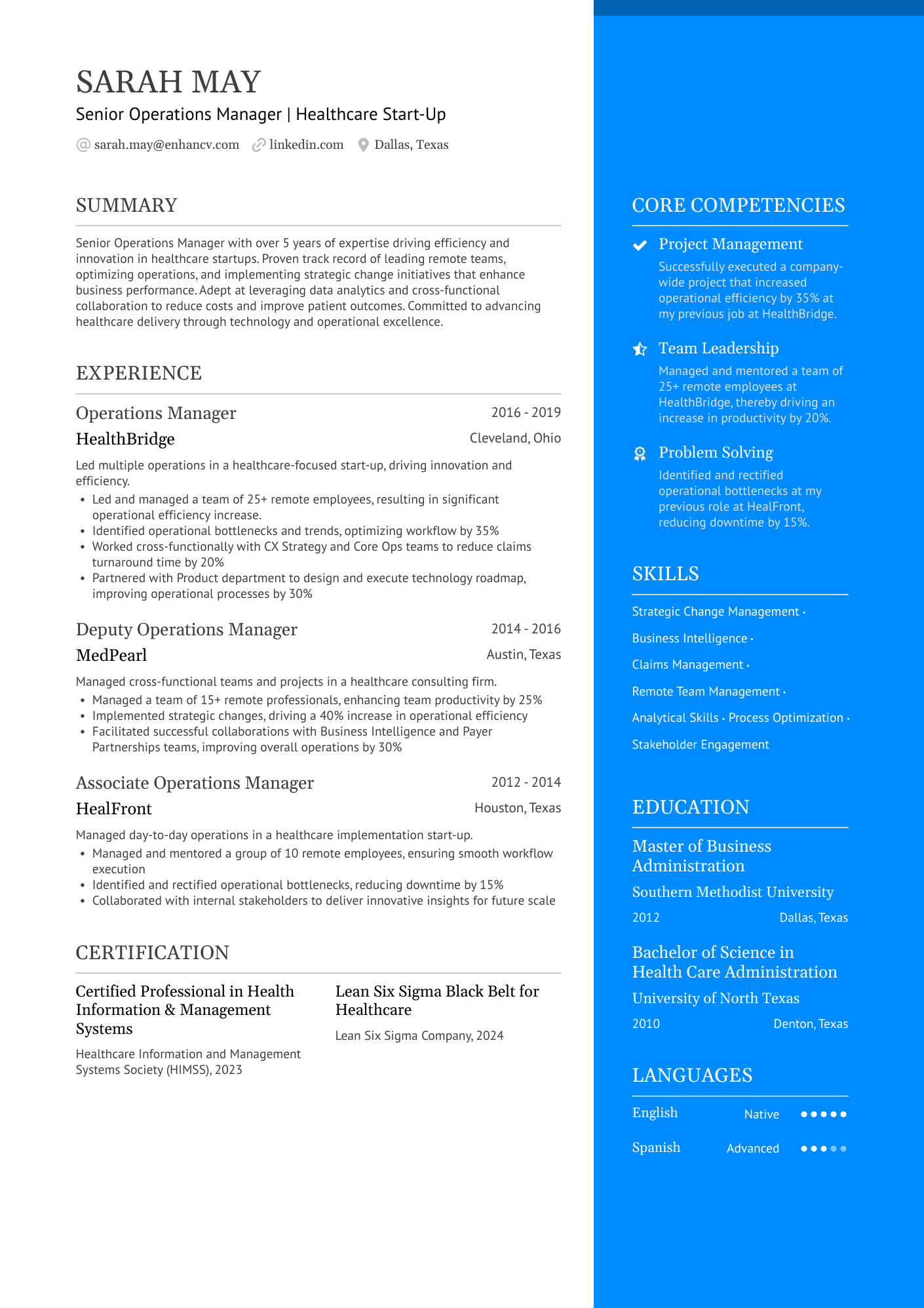 Senior Operations Manager Resume Example
