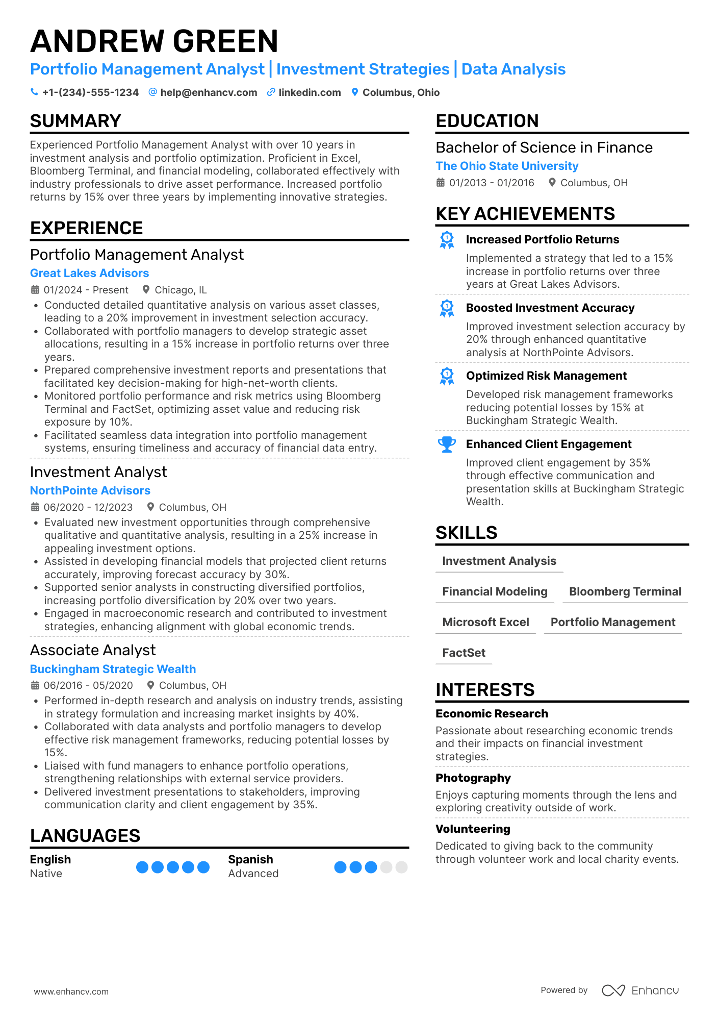 Portfolio Management Analyst Resume Example