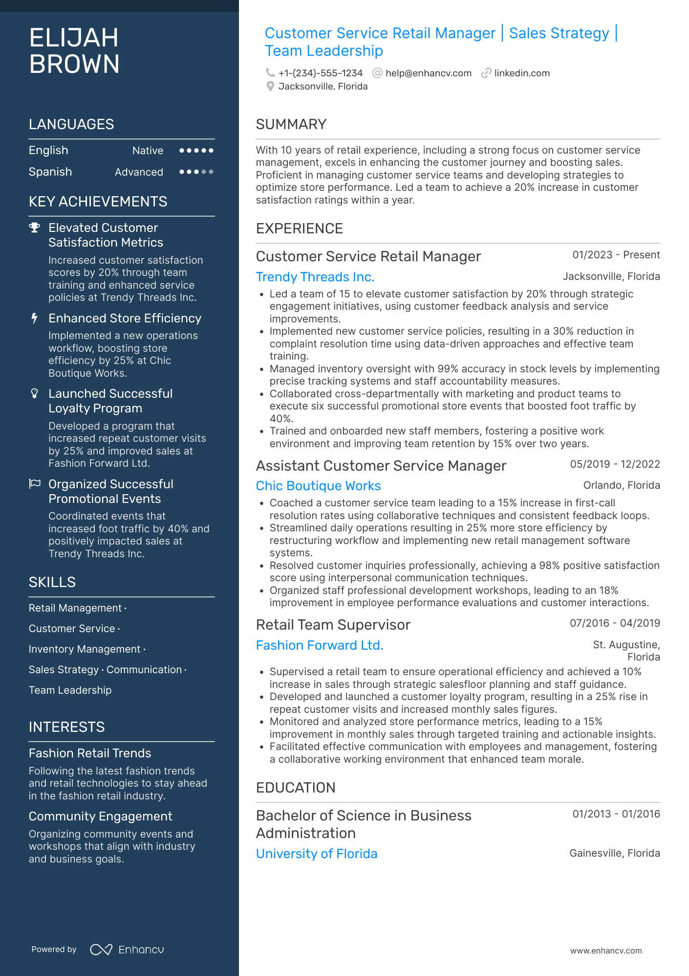 Customer Service Retail Manager Resume Example
