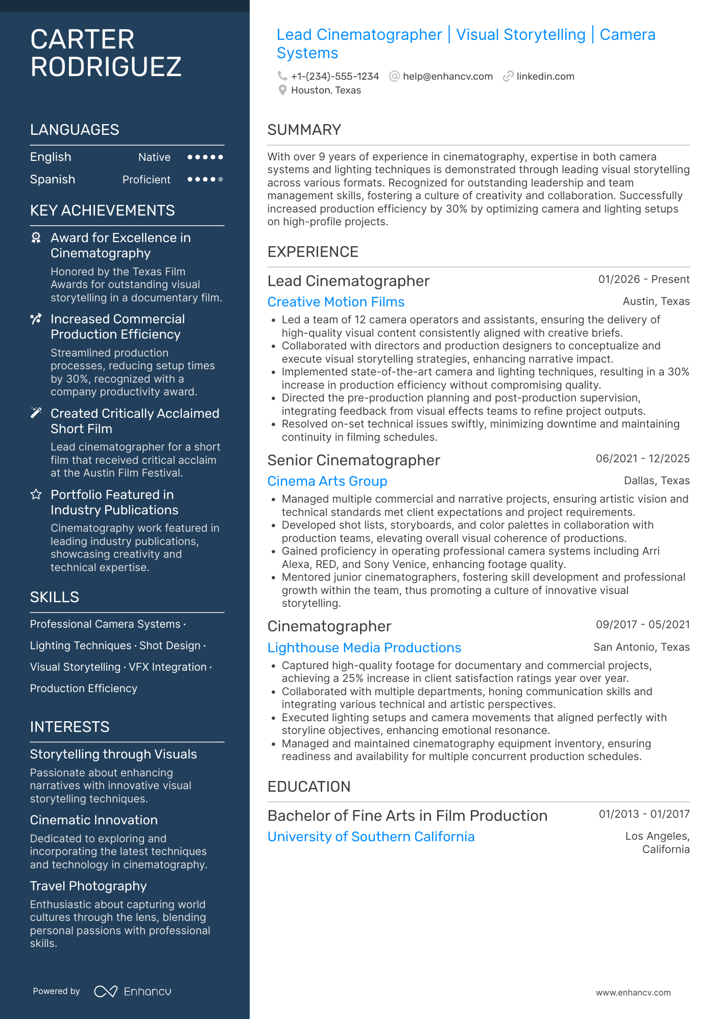 Lead Cinematographer Resume Example