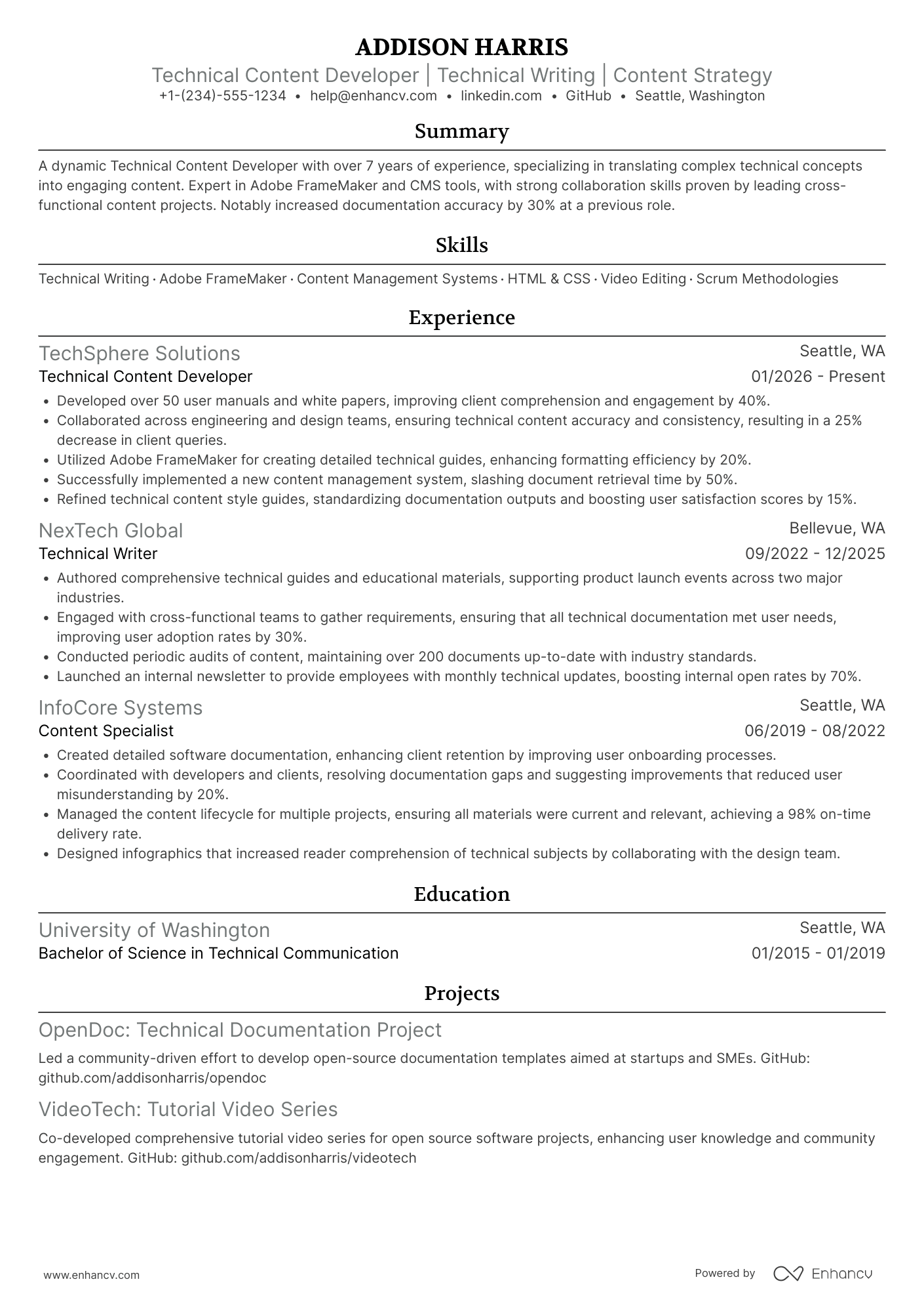 Technical Content Developer Resume Example