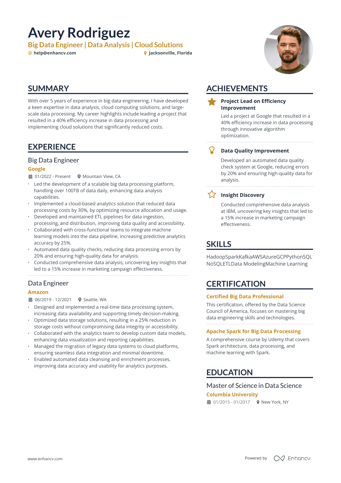 Big Data Engineer Resume Example