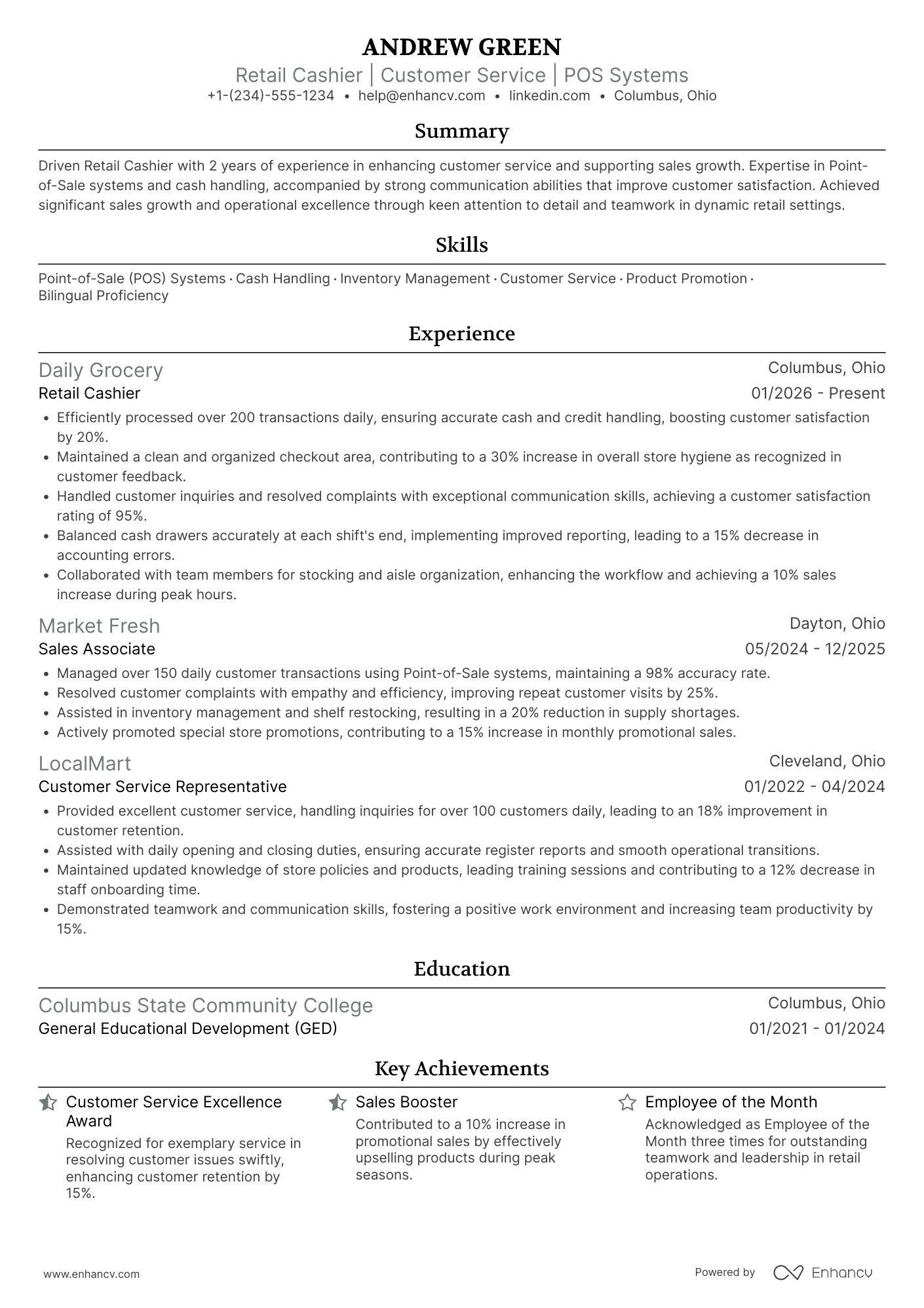 Retail Cashier Resume Example