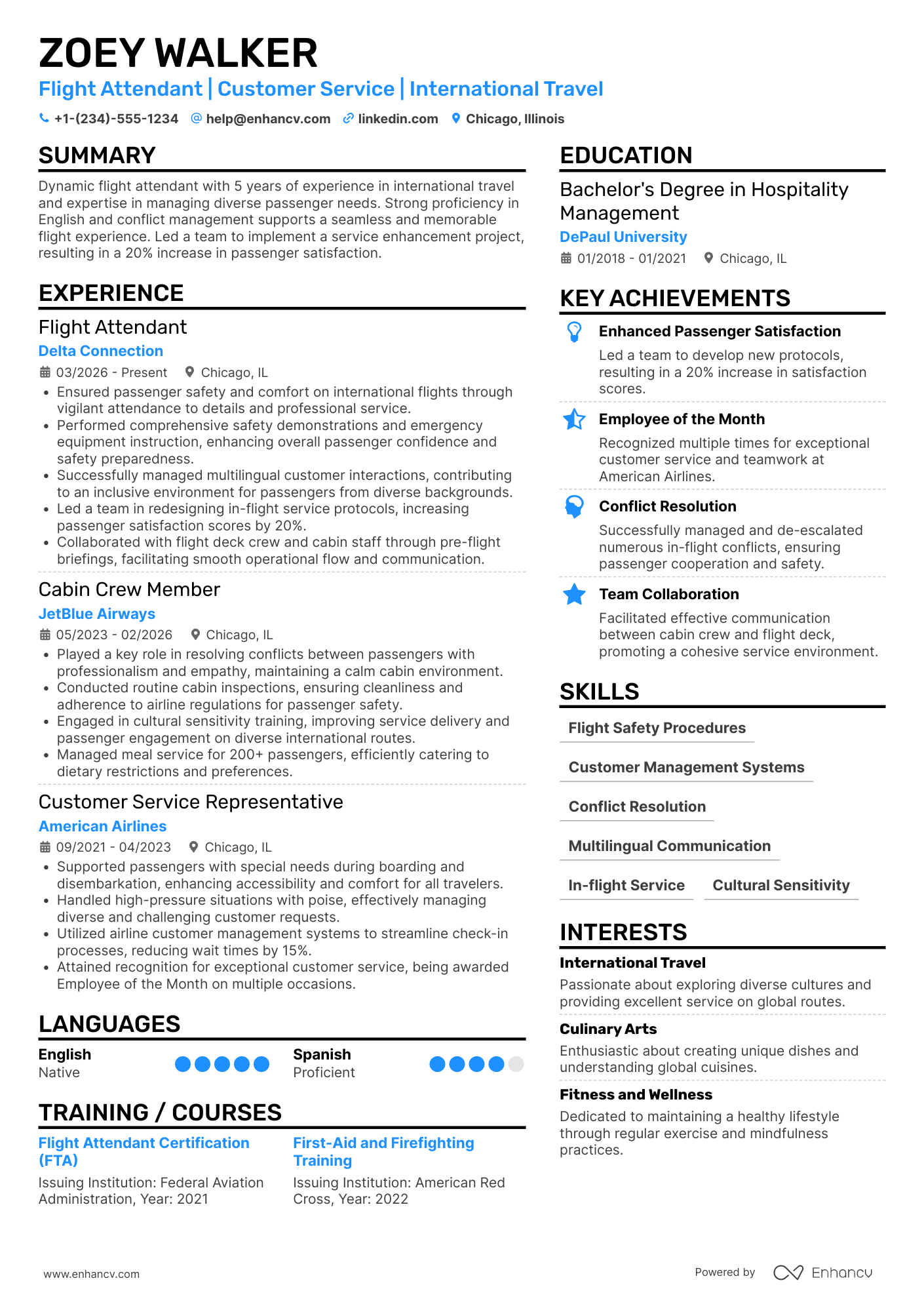 International Flight Attendant Resume Example