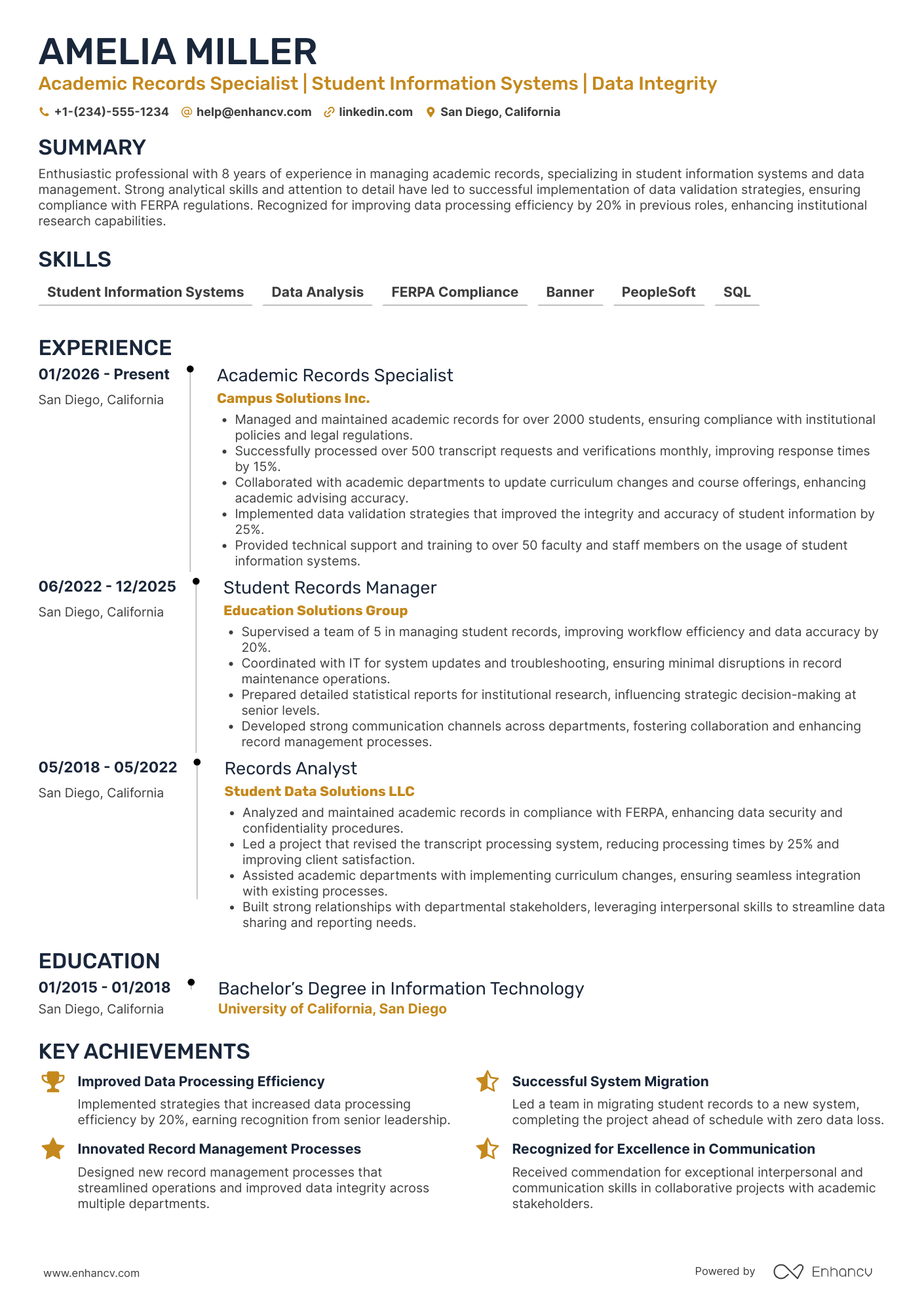 Academic Records Specialist Resume Example