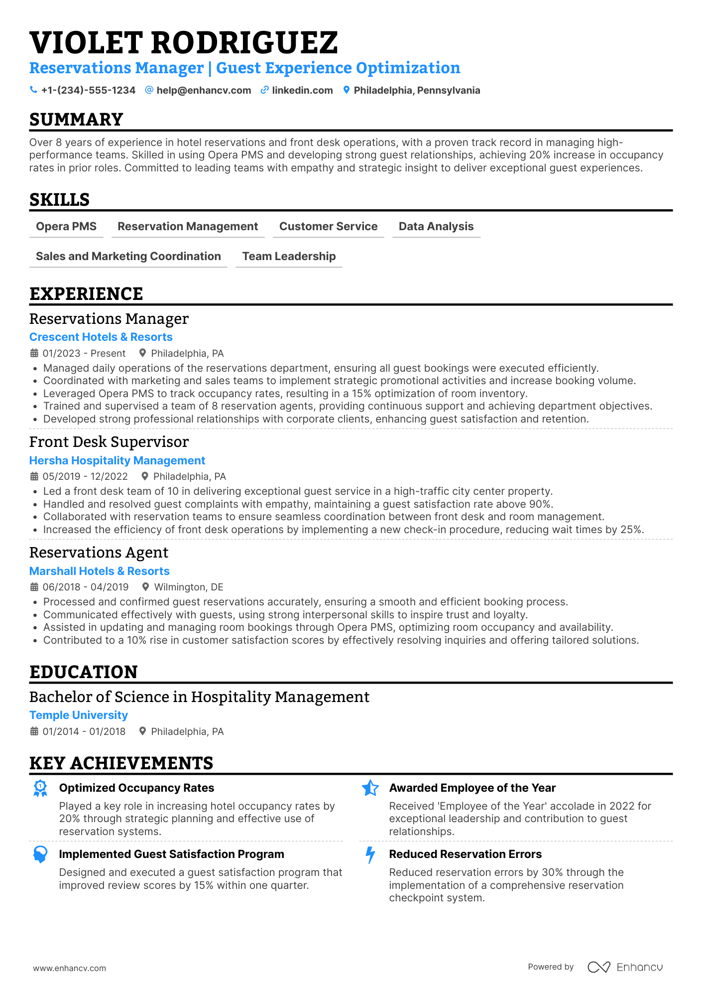 Reservations Manager Resume Example