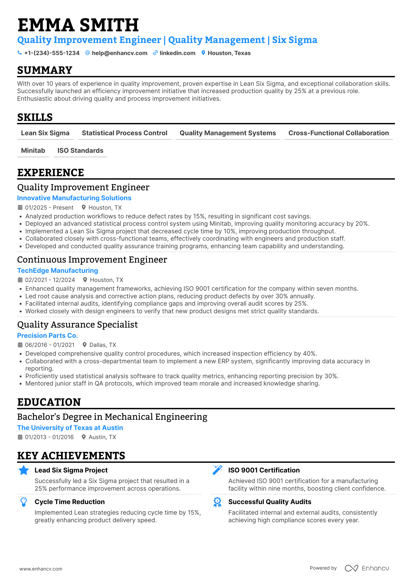 Quality Improvement Engineer Resume Example