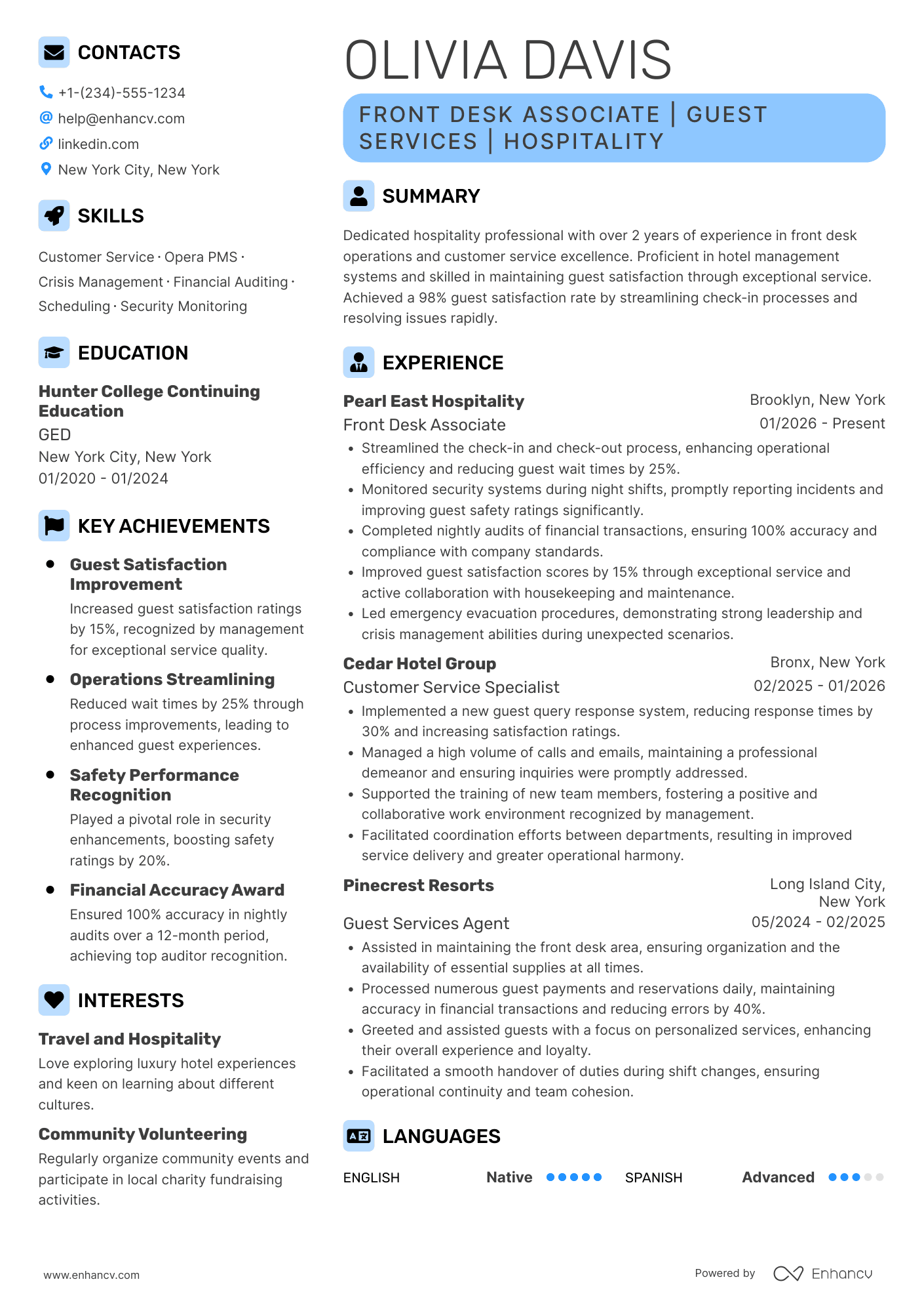 Night Shift Front Desk Receptionist Resume Example