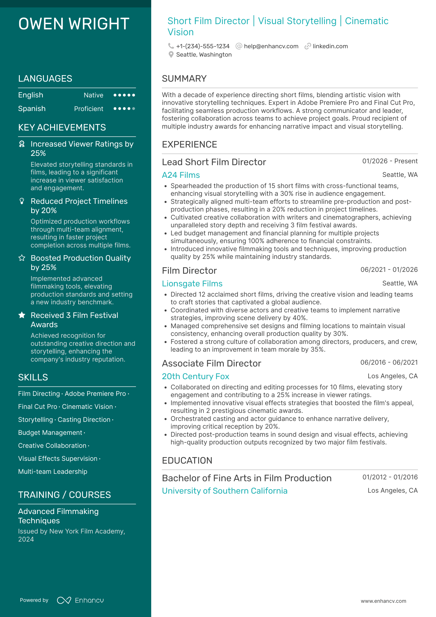 Short Film Director Resume Example