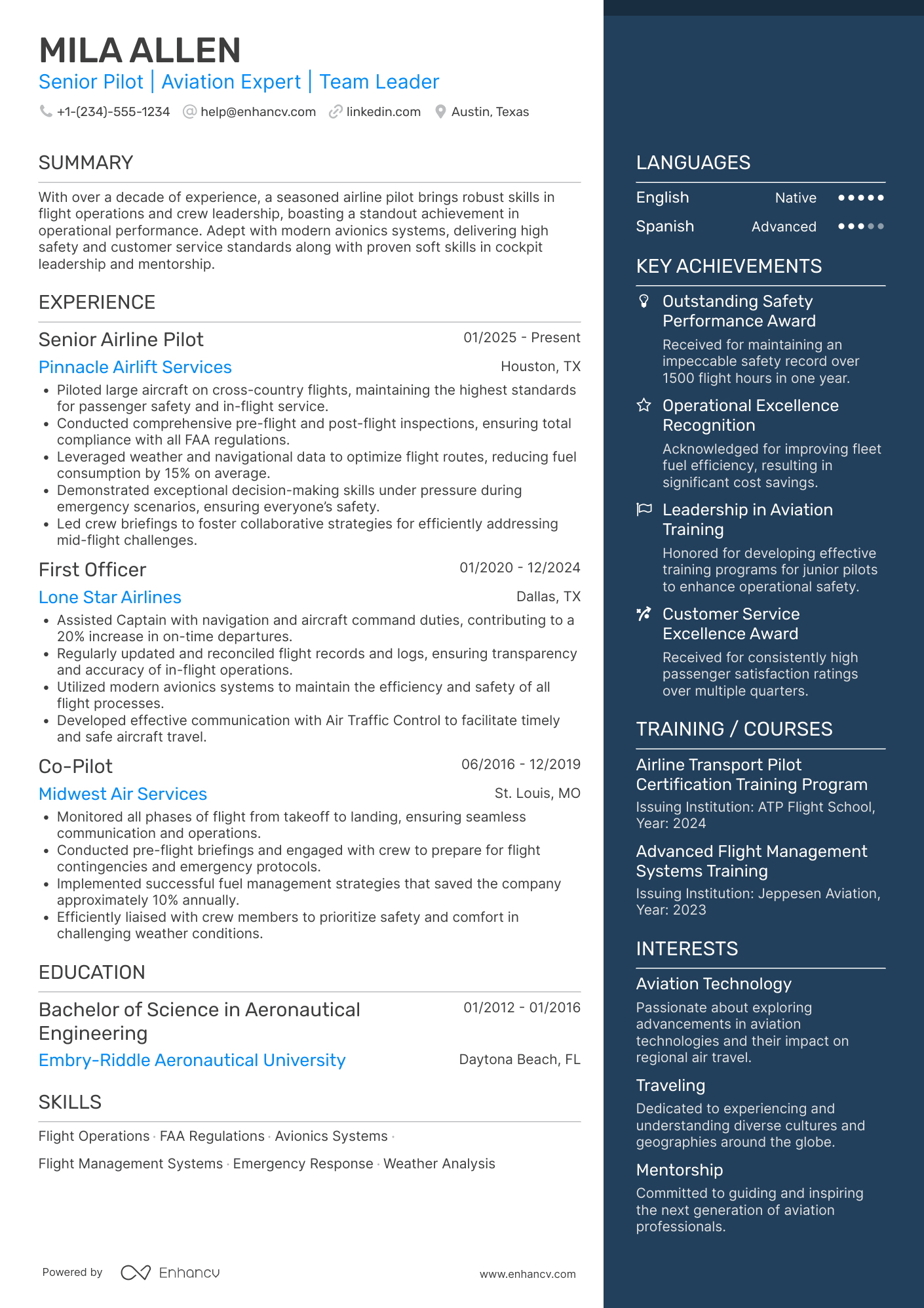 Senior Airline Pilot Resume Example