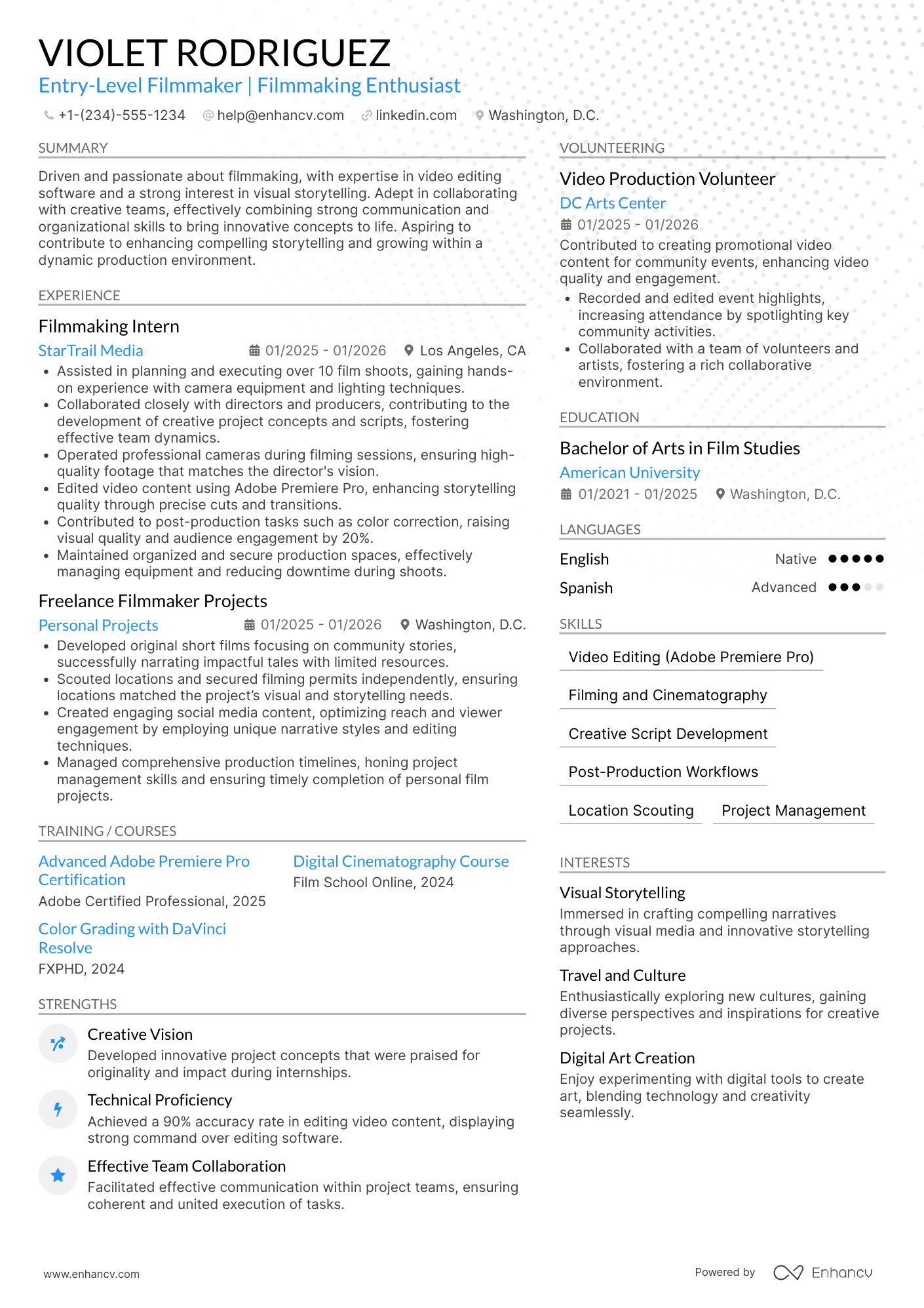 Entry Level Filmmaker Resume Example