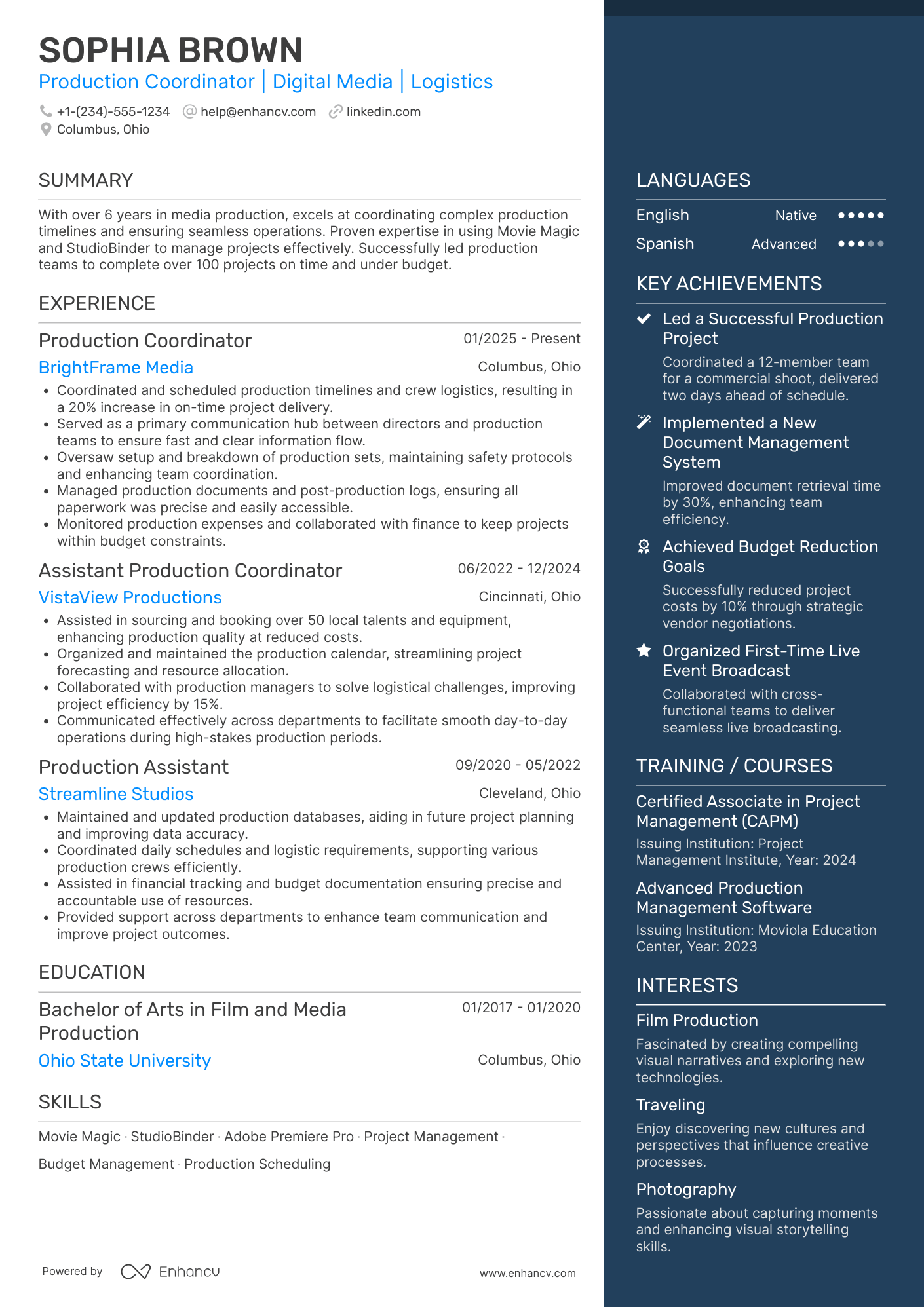 Production Coordinator Resume Example