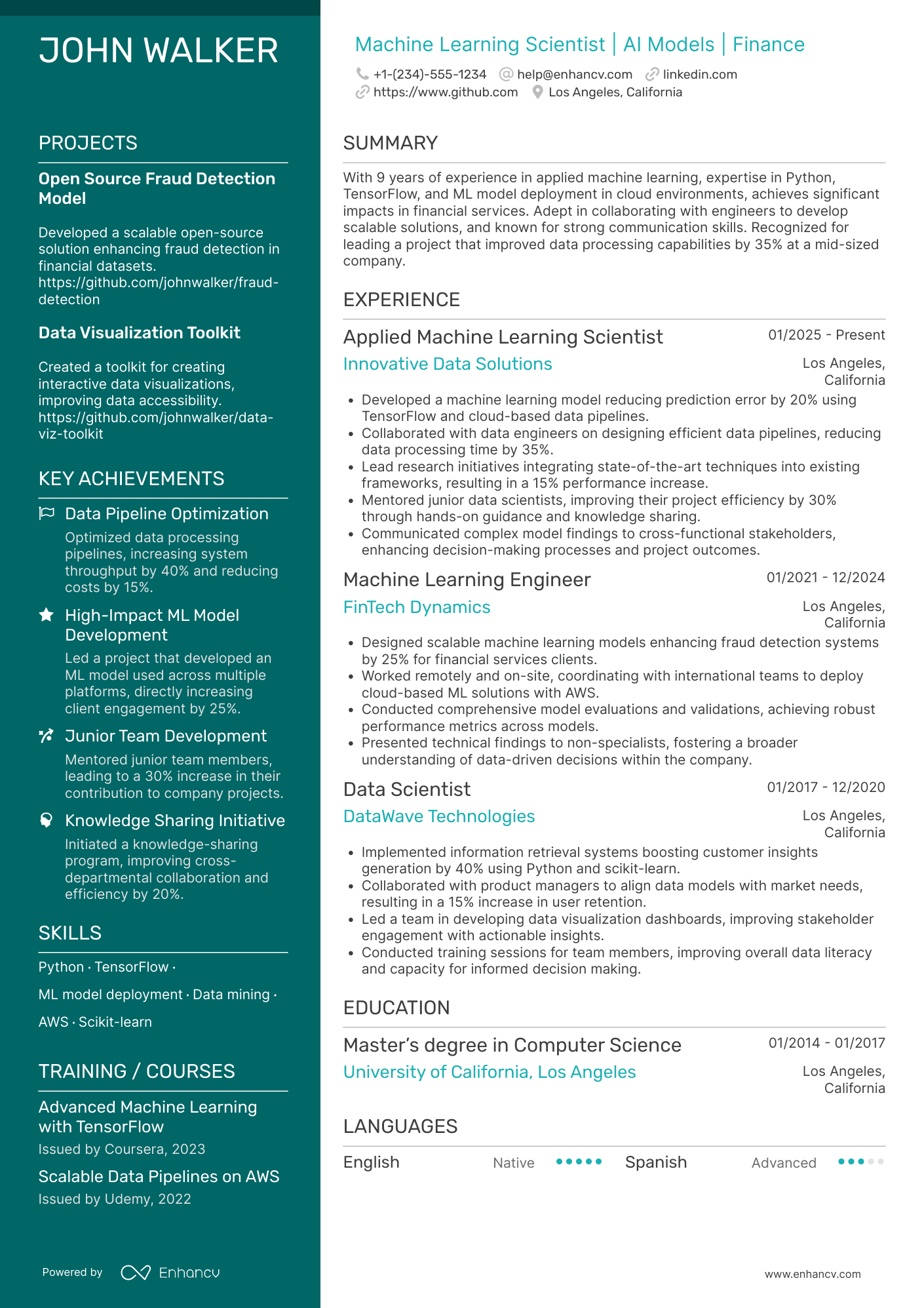 Applied Machine Learning Scientist Resume Example