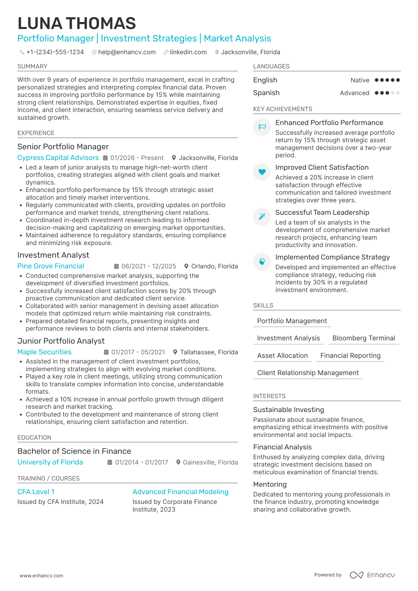 Portfolio Manager Resume Example