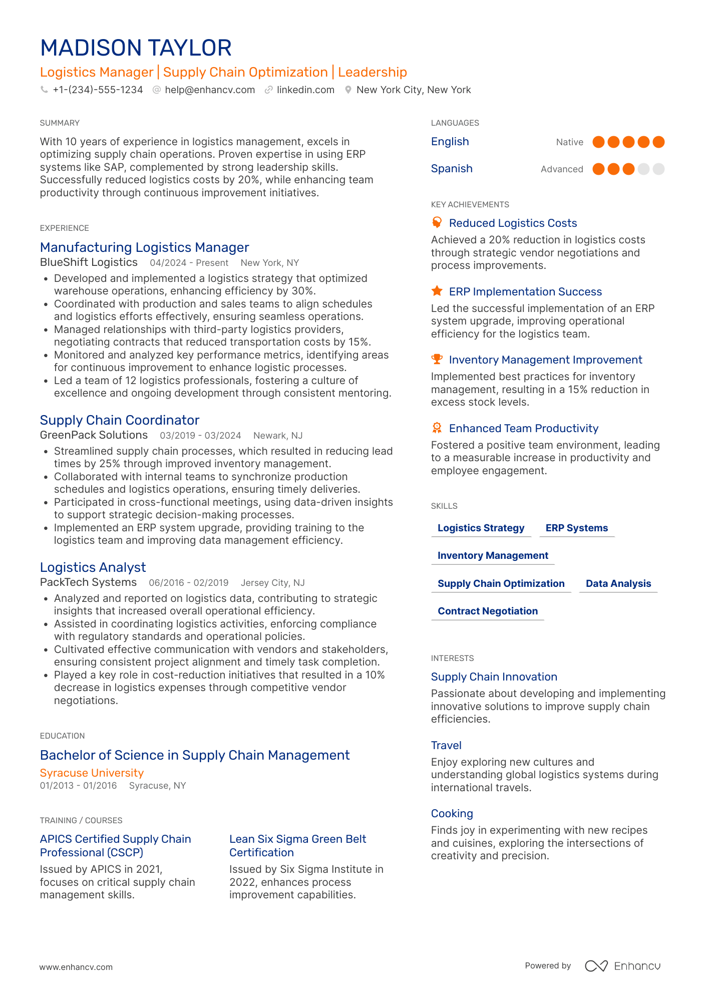 Manufacturing Logistics Manager Resume Example