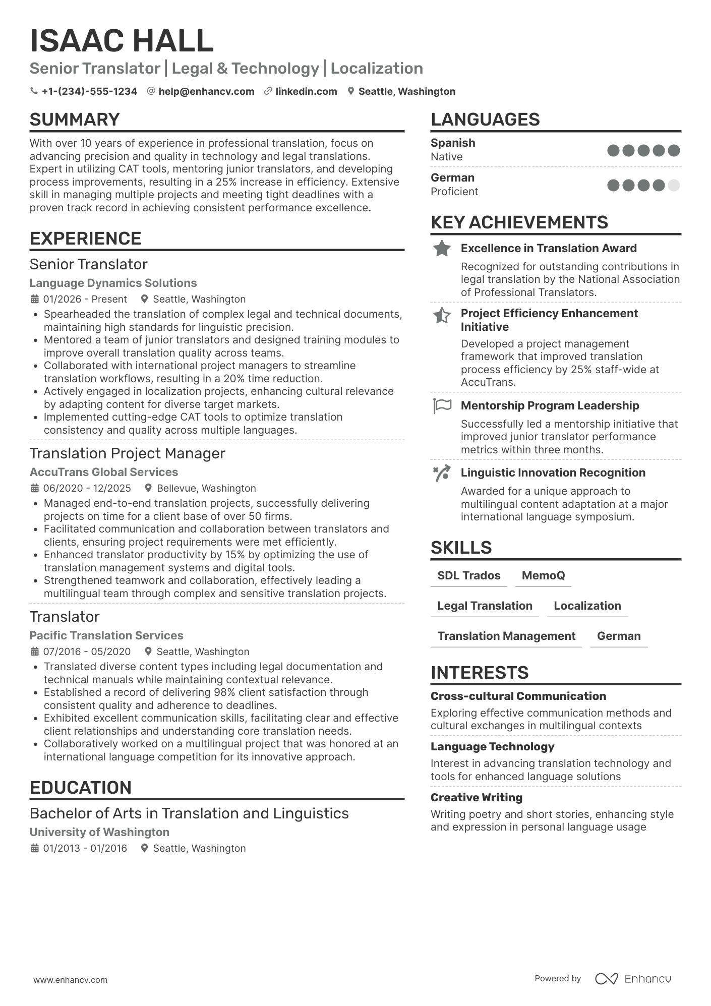 Senior Translator Resume Example