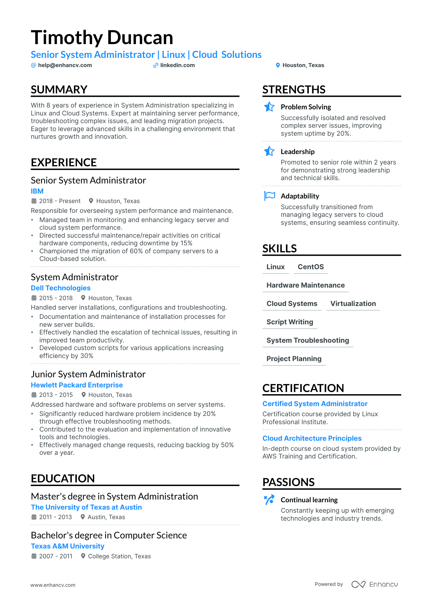 Linux System Administrator Resume Example
