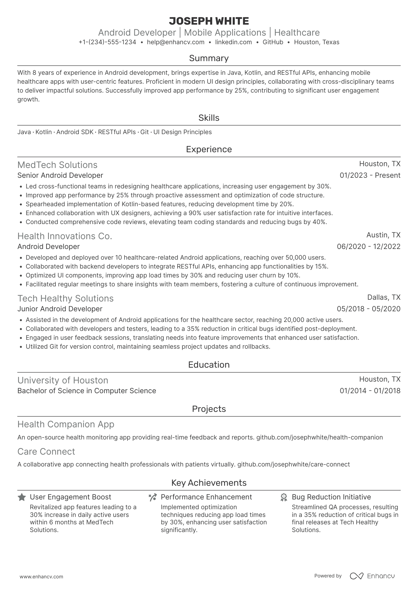 Associate Android Developer Resume Example