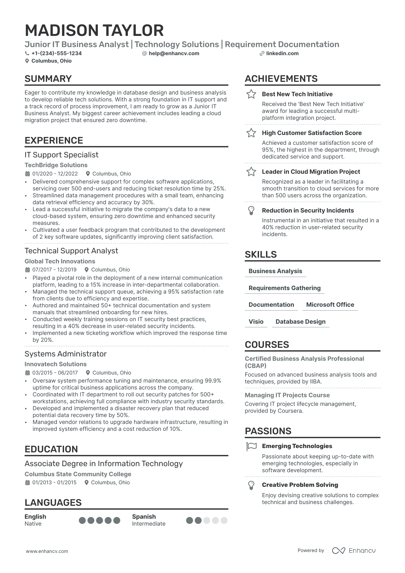 IT Business Analyst Resume Example